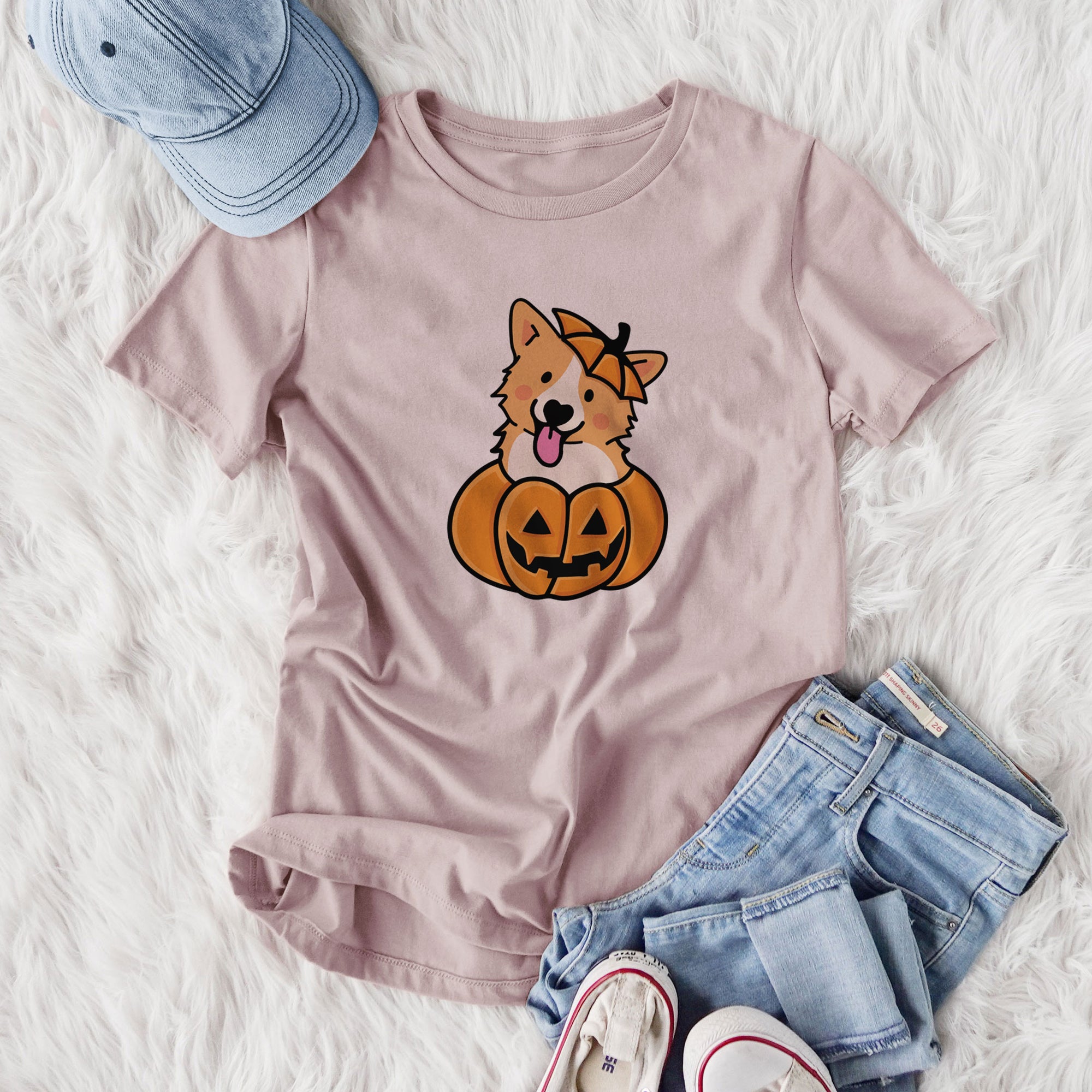 Pumpkin Pup - Corgi - Women's Lightweight Relaxed Fit 100% Cotton Crewneck