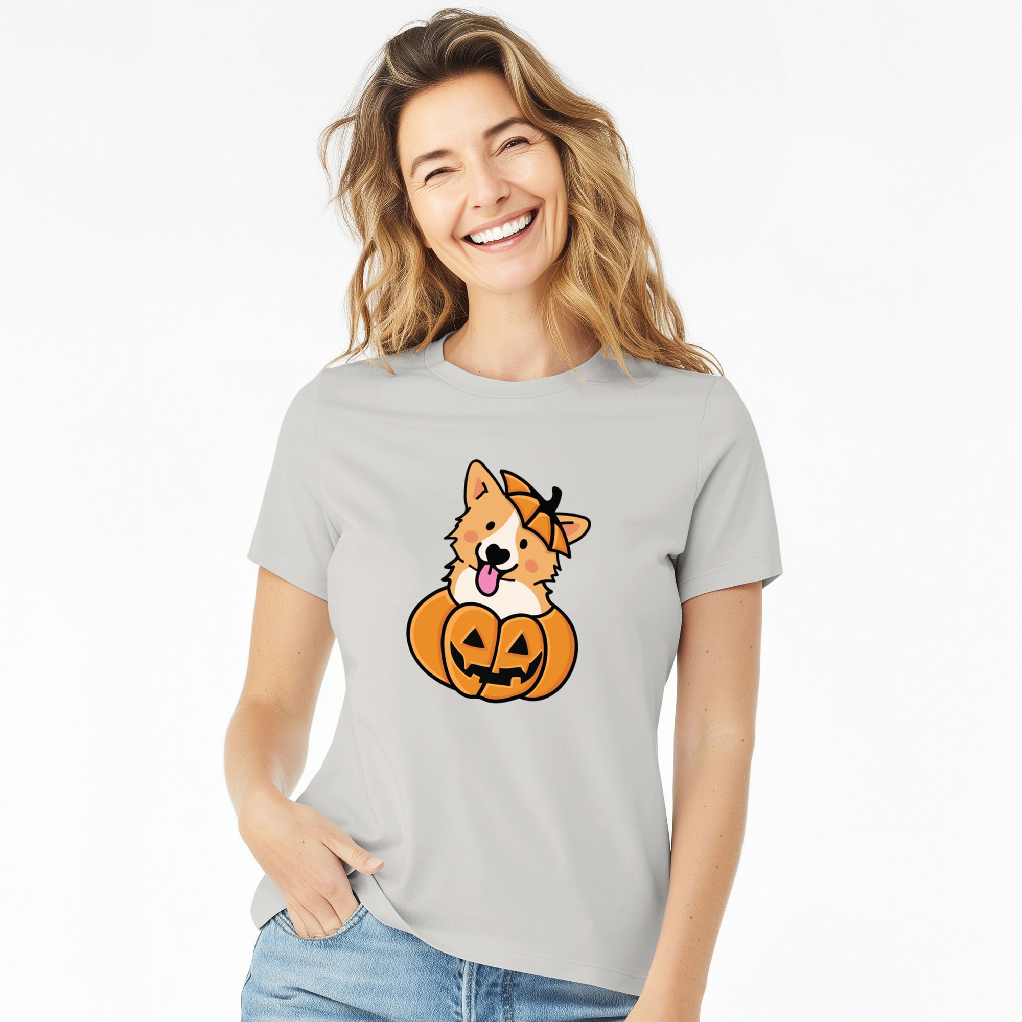 Pumpkin Pup - Corgi - Women's Lightweight Relaxed Fit 100% Cotton Crewneck