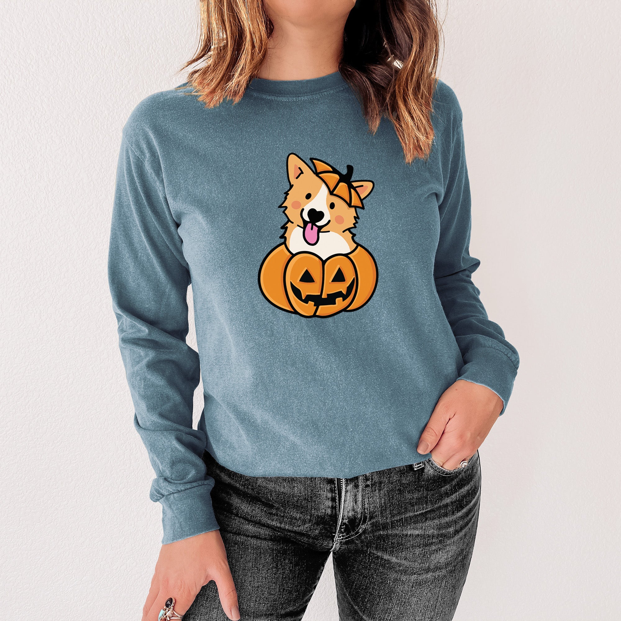 Pumpkin Pup - Corgi - Heavyweight 100% Cotton Long Sleeve