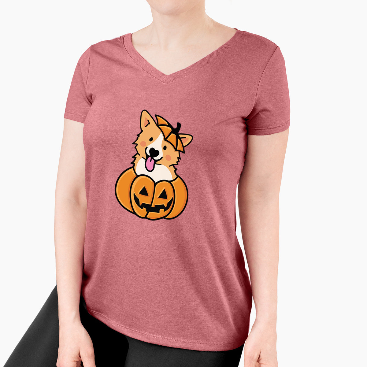 Pumpkin Pup - Corgi - Women's Perfect V-neck Shirt