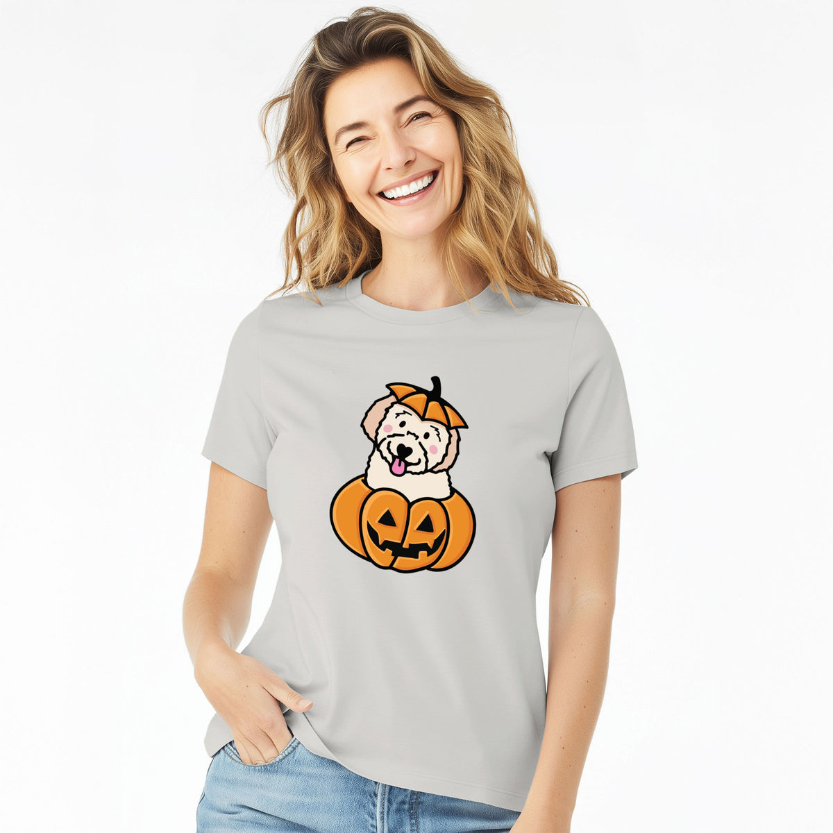 Pumpkin Pup - Doodle - Women's Lightweight Relaxed Fit 100% Cotton Crewneck