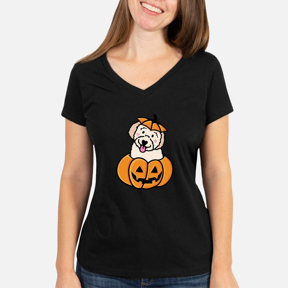 Pumpkin Pup - Doodle - Women's Perfect V-neck Shirt