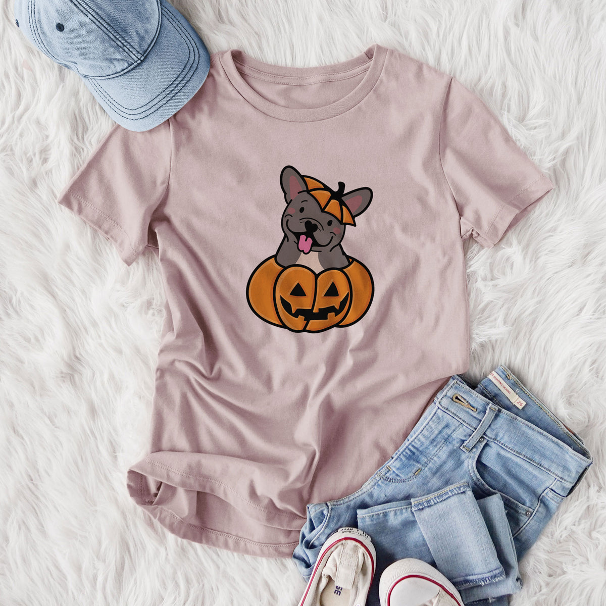Pumpkin Pup - French Bulldog - Women's Lightweight Relaxed Fit 100% Cotton Crewneck