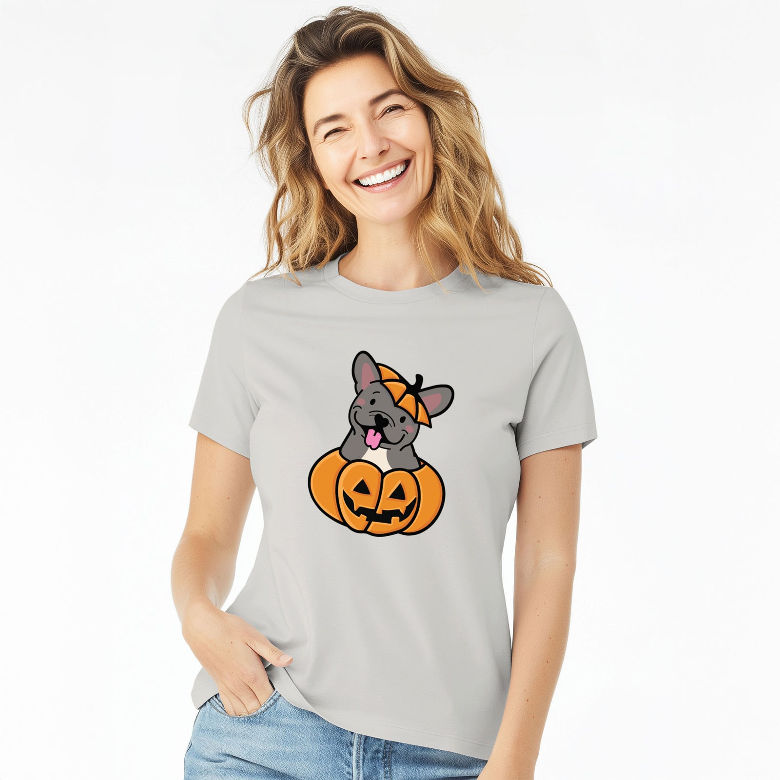 Pumpkin Pup - French Bulldog - Women's Lightweight Relaxed Fit 100% Cotton Crewneck