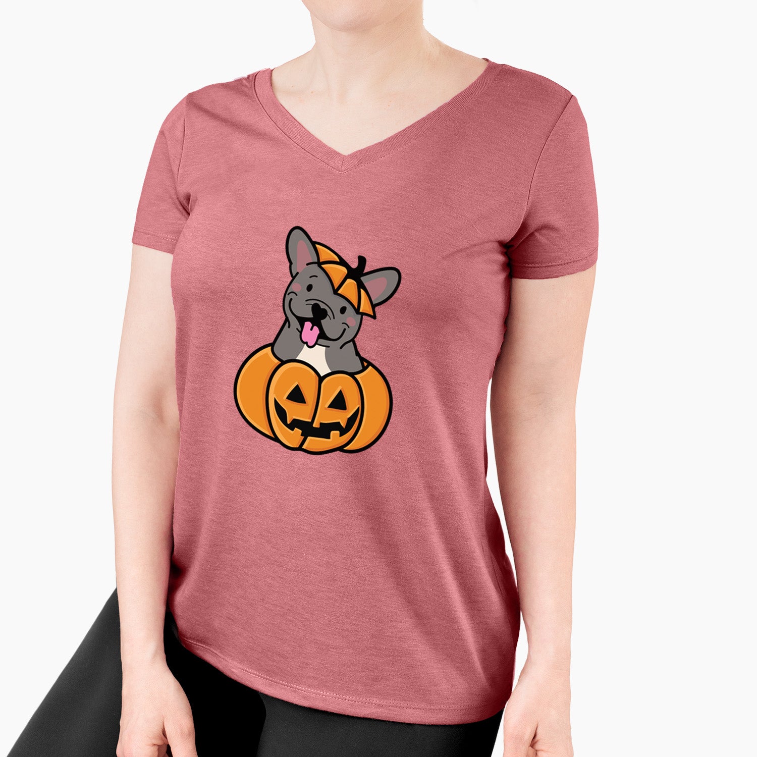 Pumpkin Pup - French Bulldog - Women's Perfect V-neck Shirt