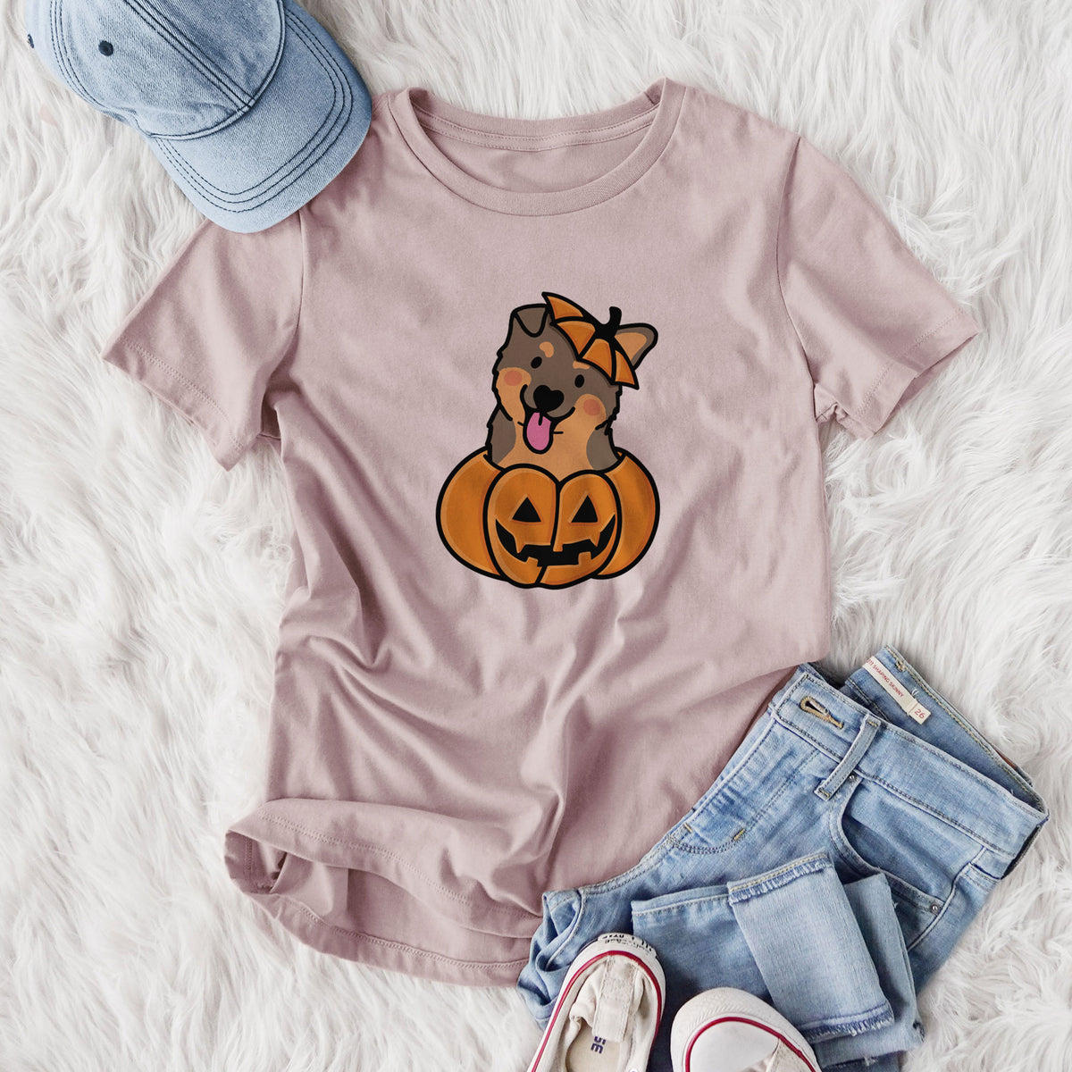 Pumpkin Pup - German Shepherd - Women's Lightweight Relaxed Fit 100% Cotton Crewneck