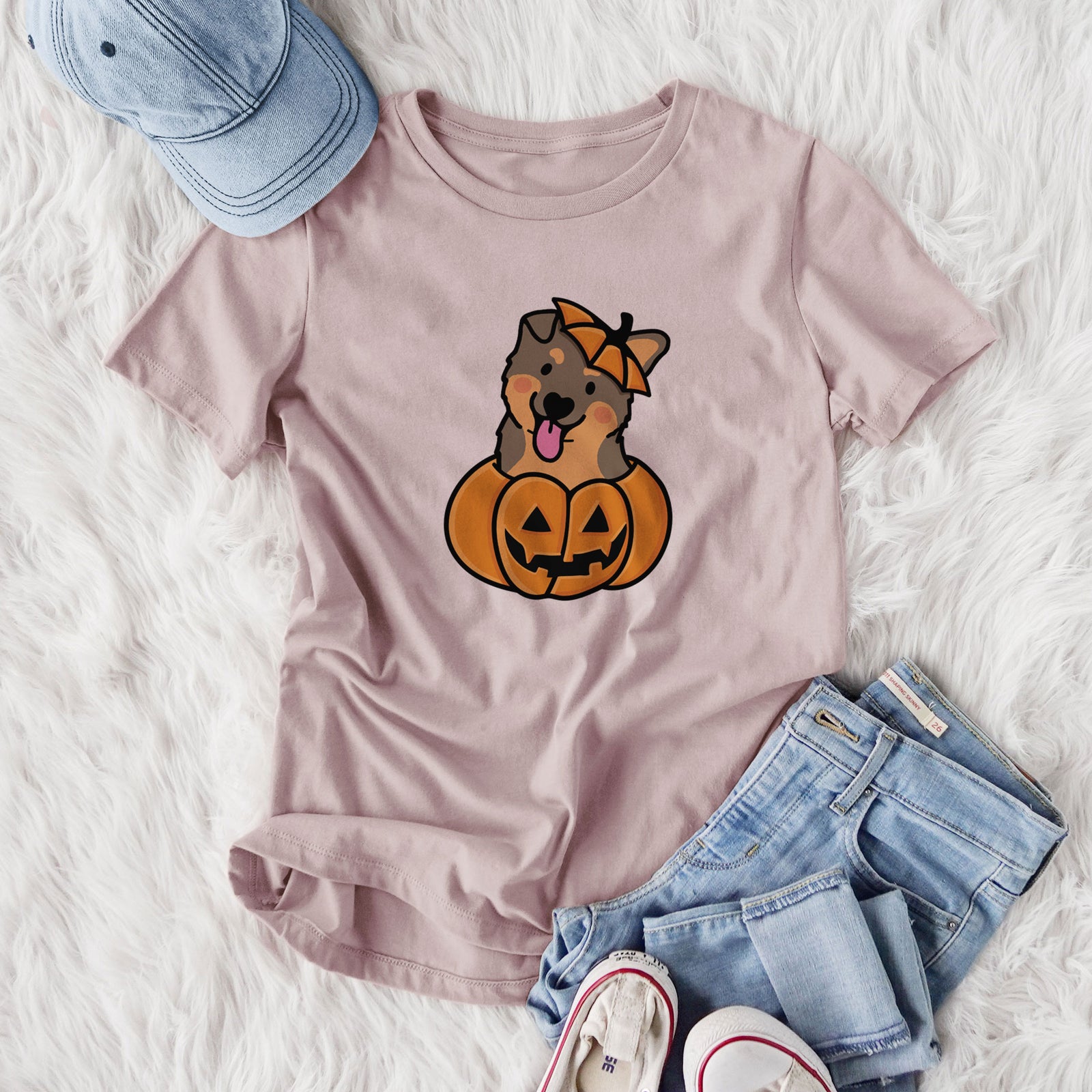 Pumpkin Pup - German Shepherd - Women's Lightweight Relaxed Fit 100% Cotton Crewneck