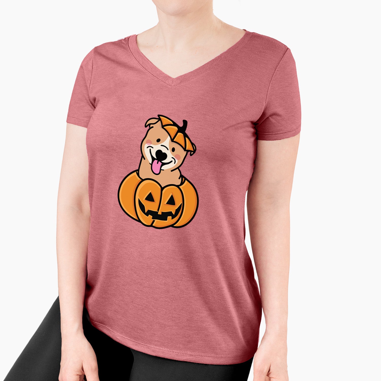 Pumpkin Pup - Pitbull - Women's Perfect V-neck Shirt