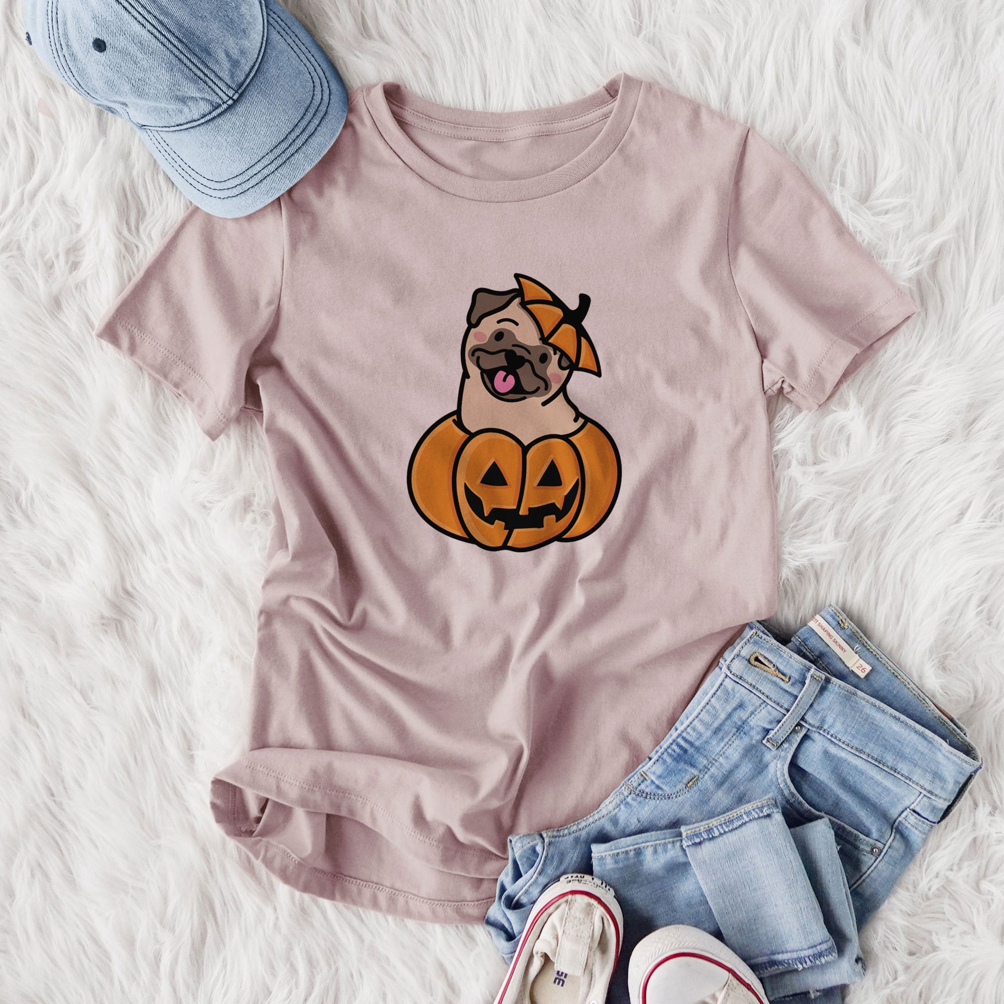 Pumpkin Pup - Pug - Women's Lightweight Relaxed Fit 100% Cotton Crewneck