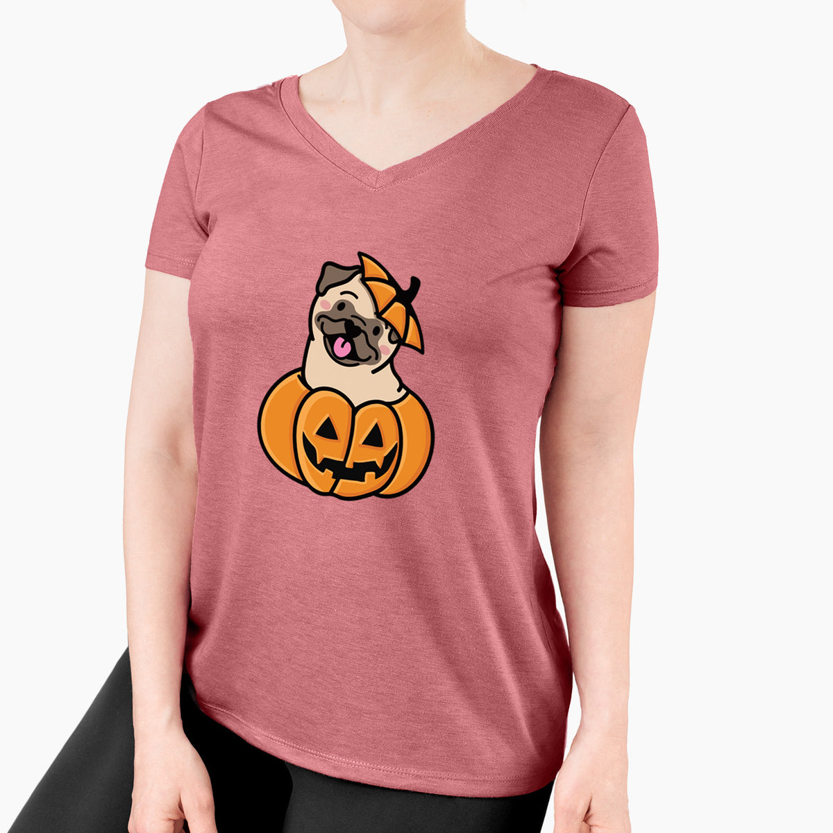 Pumpkin Pup - Pug - Women's Perfect V-neck Shirt