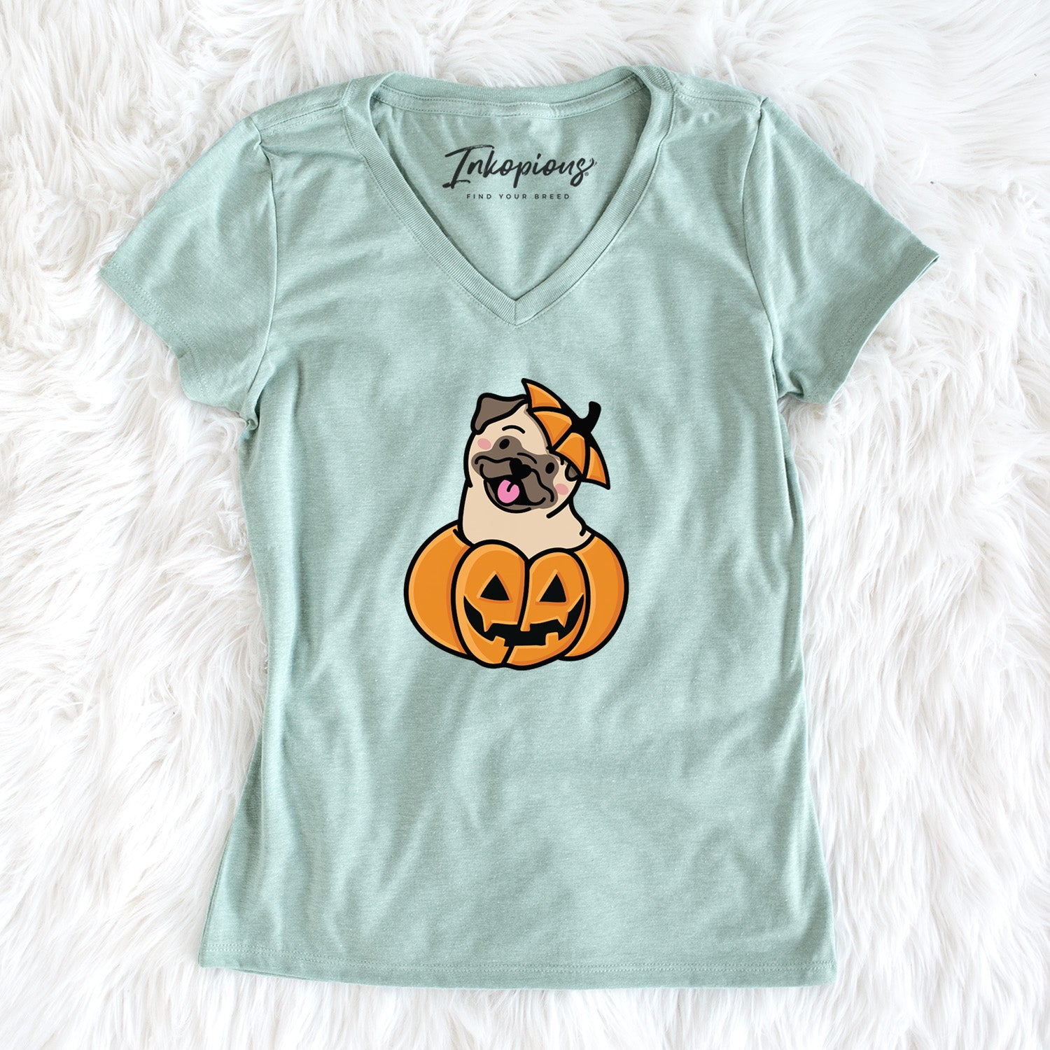 Pumpkin Pup - Pug - Women's Perfect V-neck Shirt