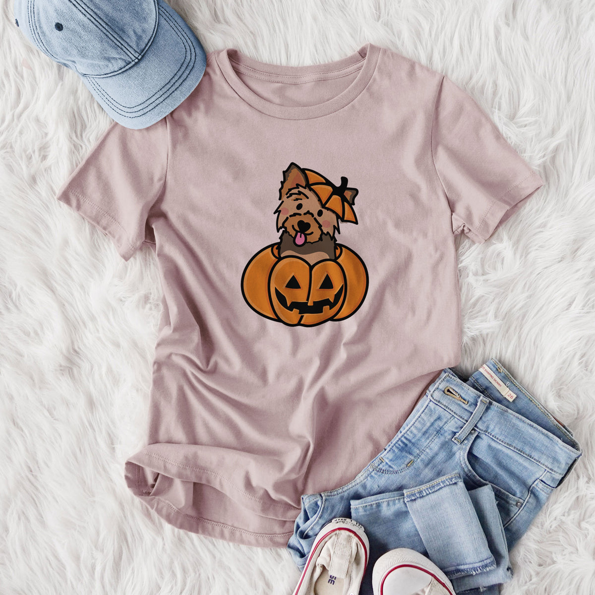 Pumpkin Pup - Yorkie - Women's Lightweight Relaxed Fit 100% Cotton Crewneck