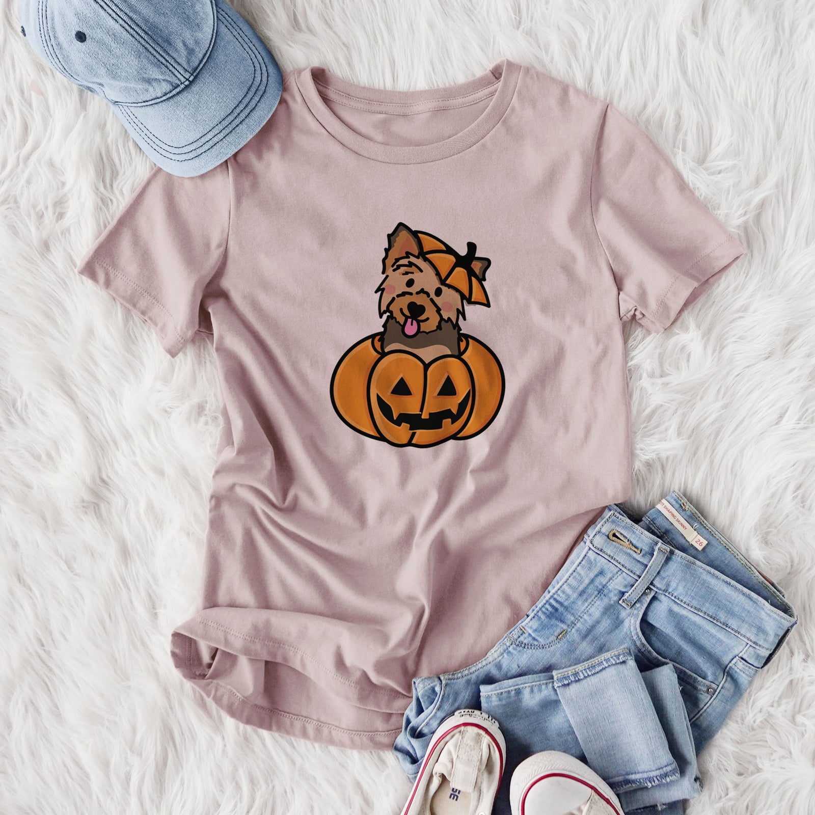 Pumpkin Pup - Yorkie - Women's Lightweight Relaxed Fit 100% Cotton Crewneck