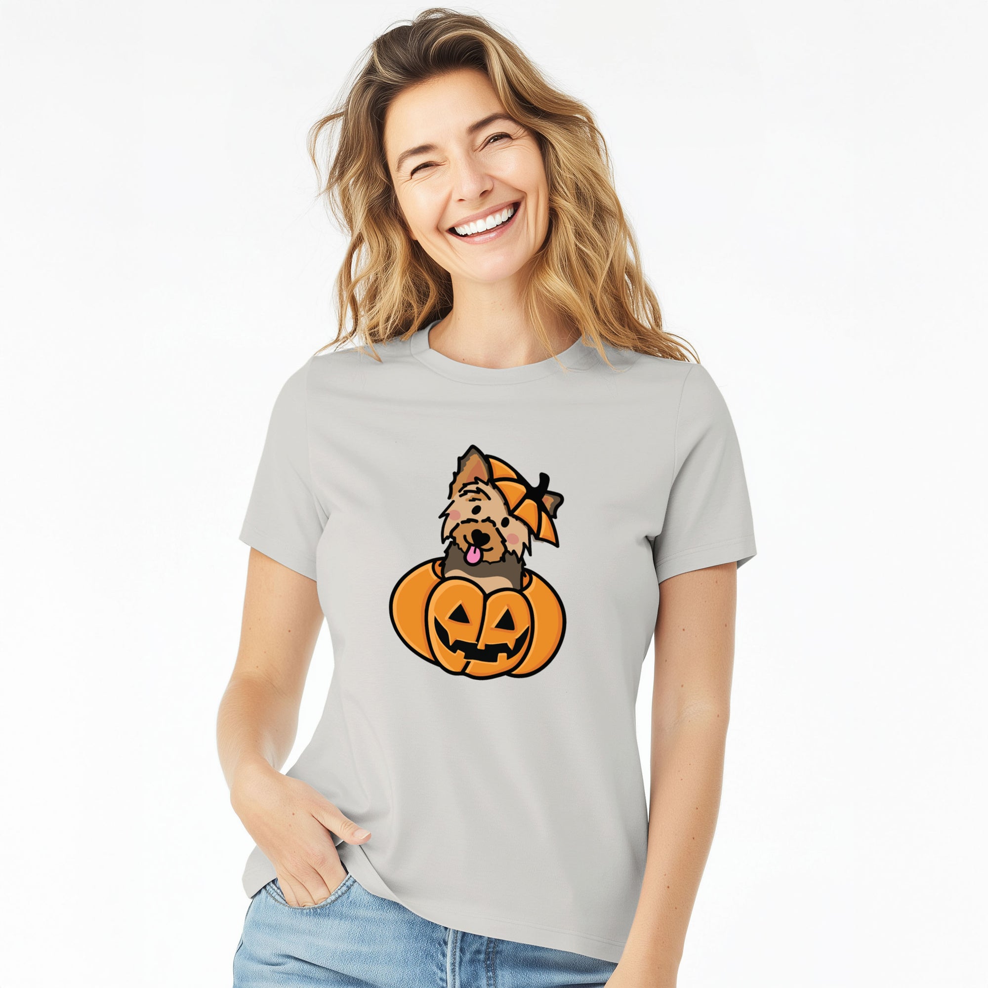 Pumpkin Pup - Yorkie - Women's Lightweight Relaxed Fit 100% Cotton Crewneck