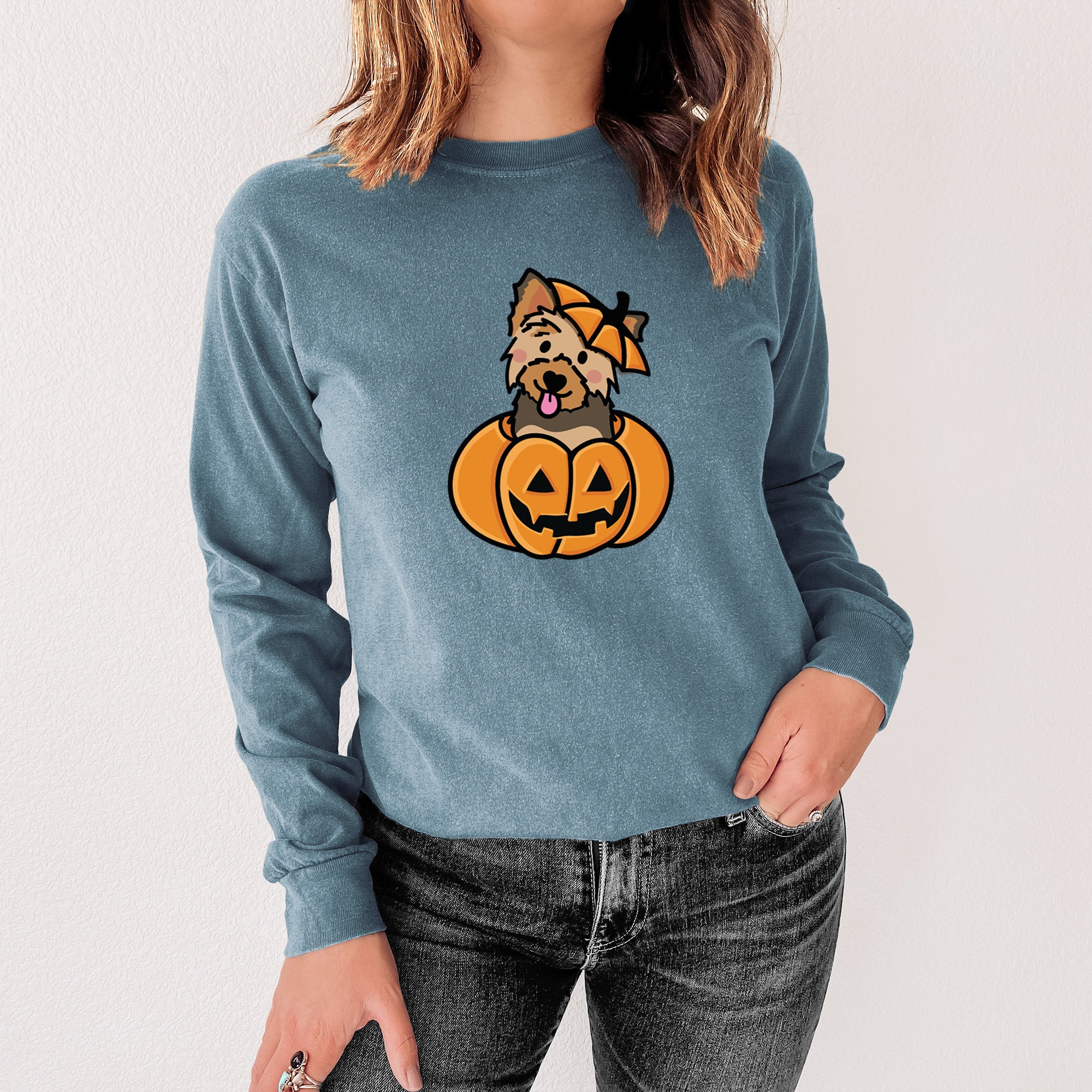 Pumpkin Pup - Yorkie - Heavyweight 100% Cotton Long Sleeve