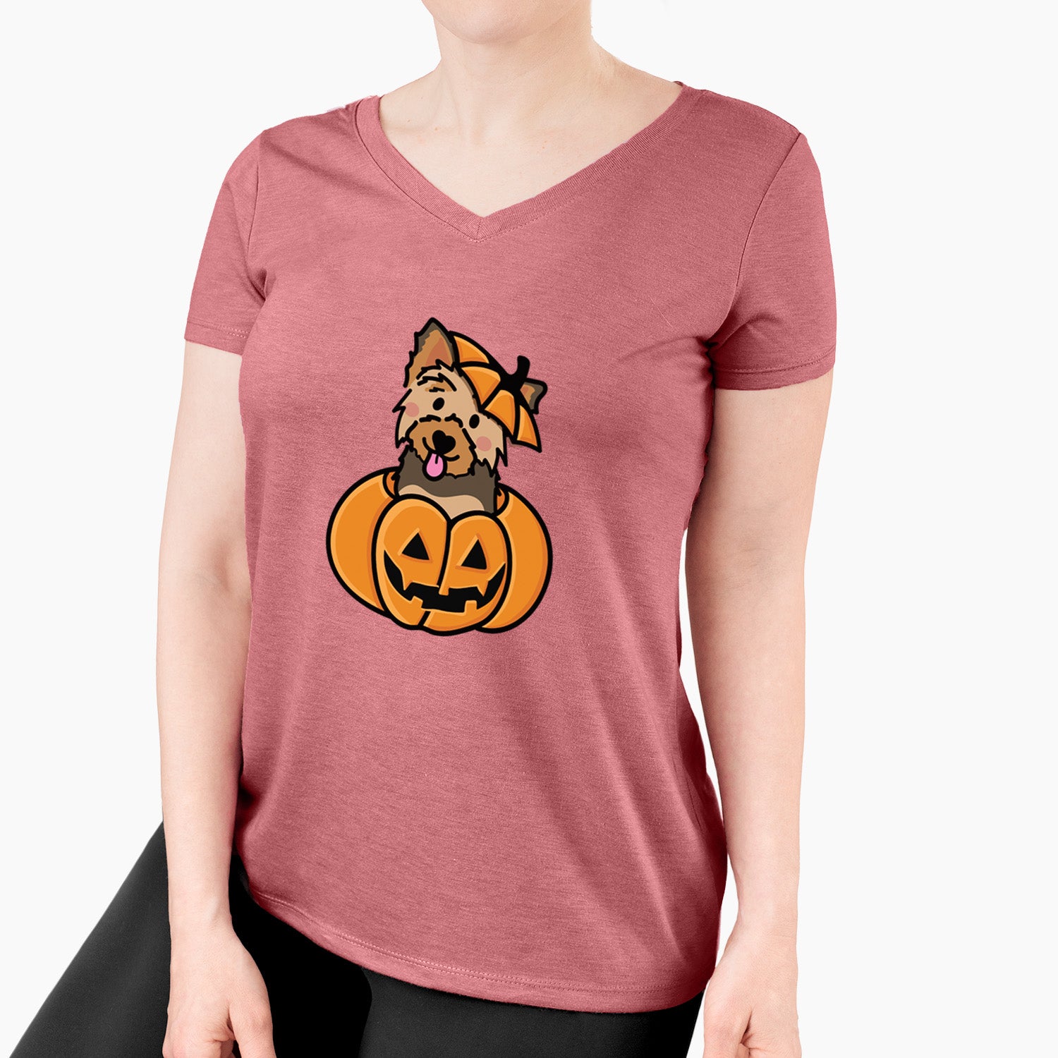 Pumpkin Pup - Yorkie - Women's Perfect V-neck Shirt