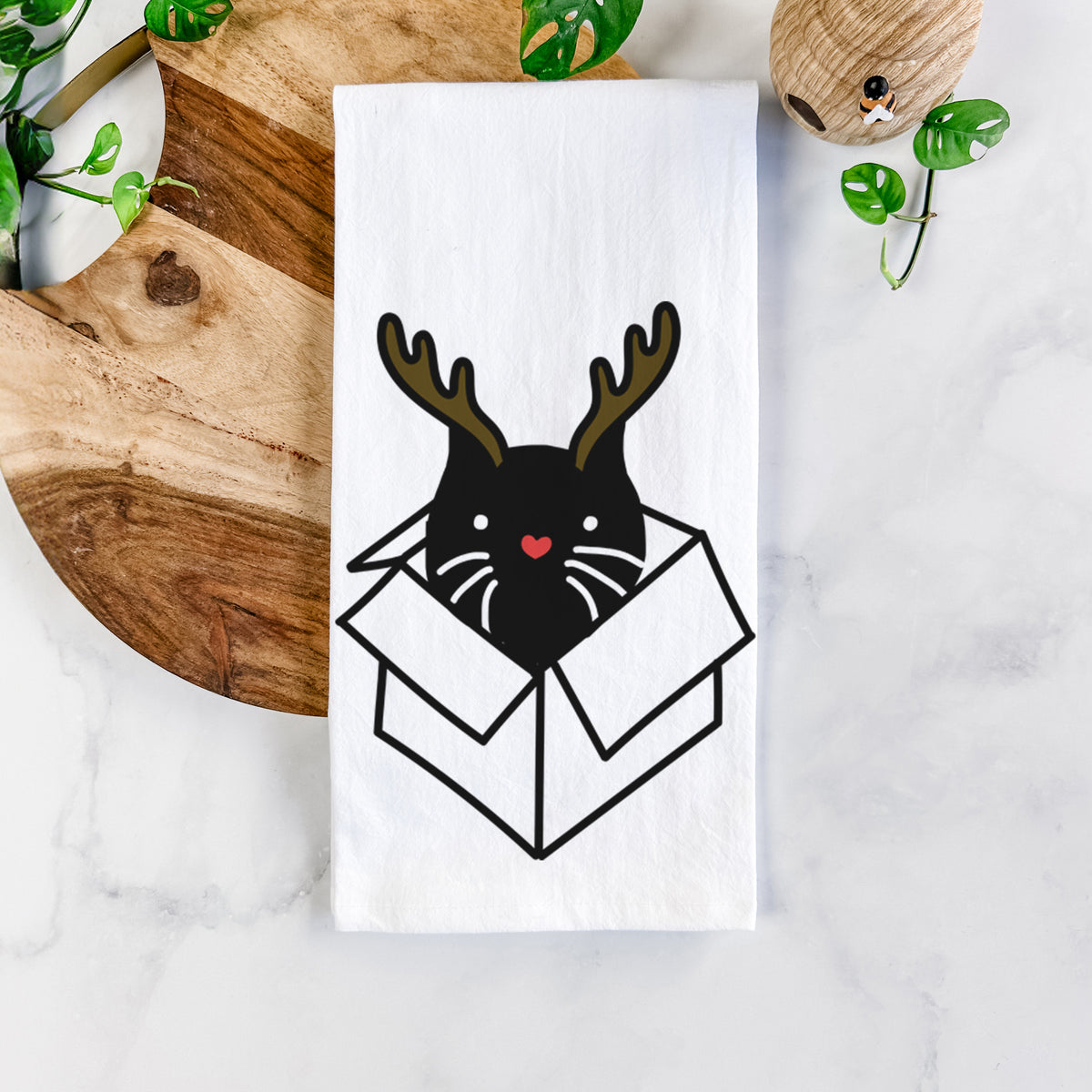 Red Nose Black Cat in a Box - Doc - Tea Towel