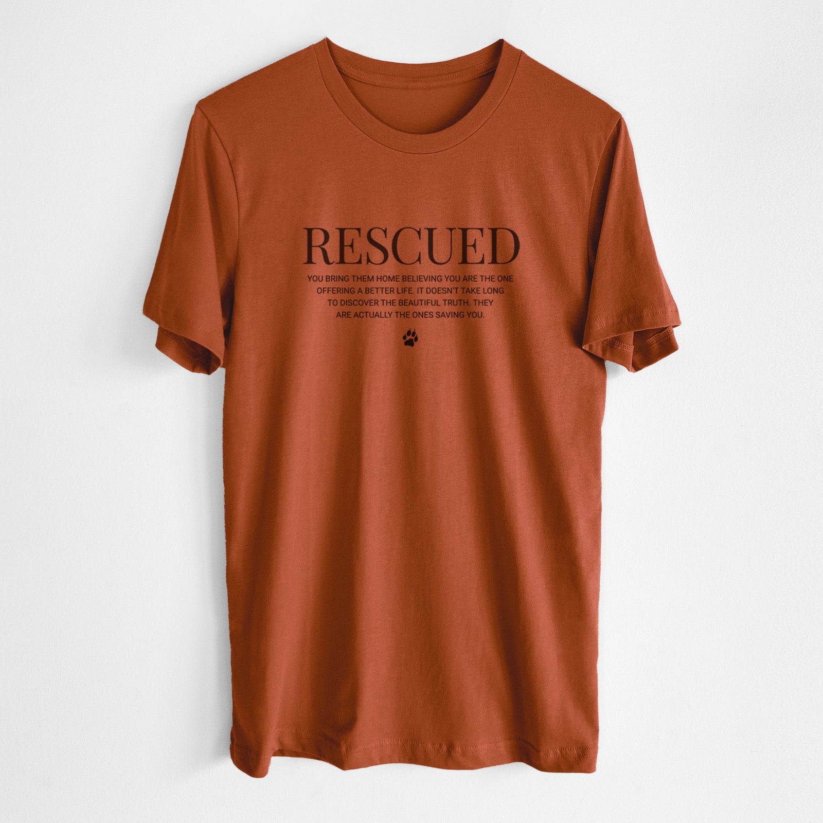 'Rescued - They're the Ones Saving You' design on an Autumn Unisex crewneck, worn by a man