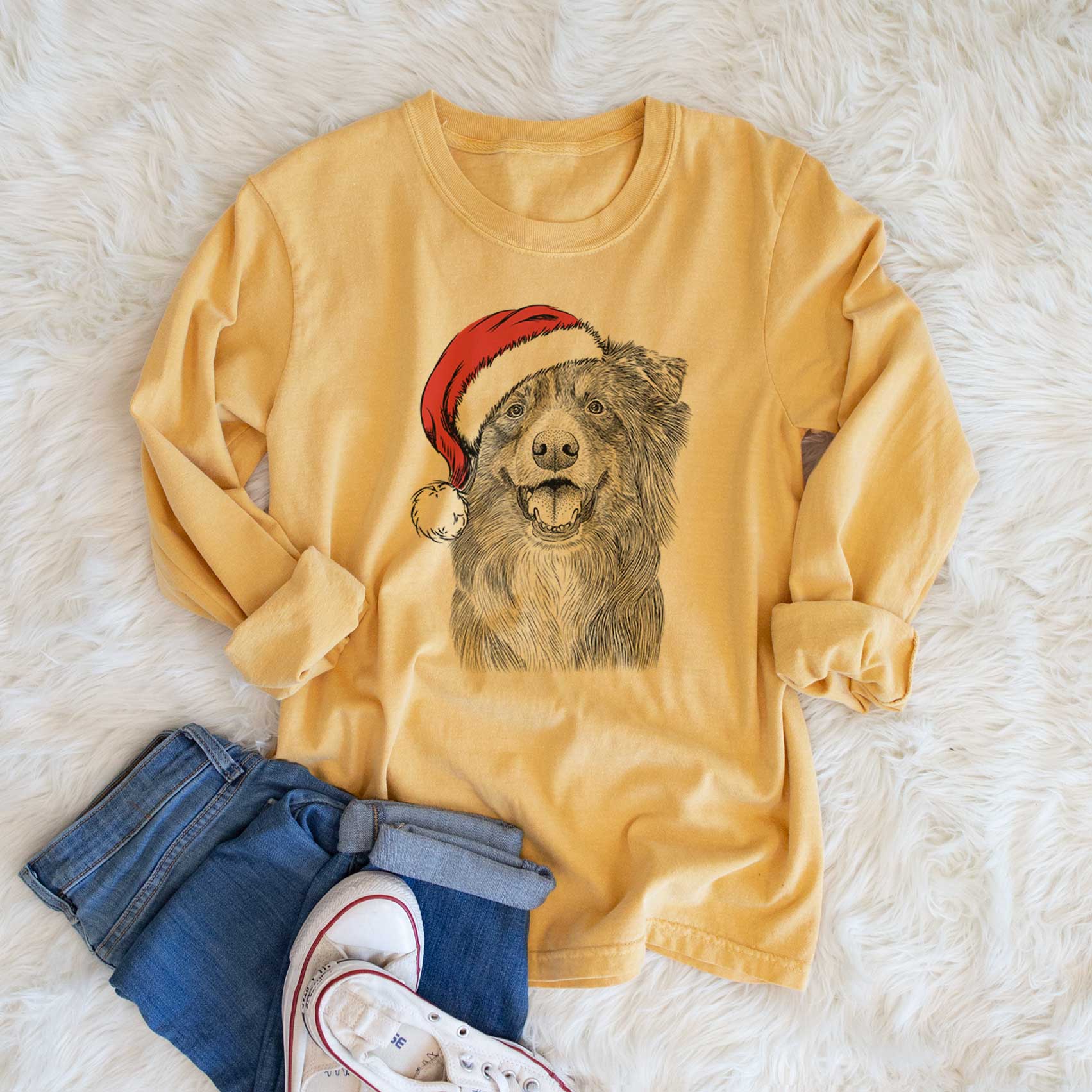 Santa Aussie Parker the Australian Shepherd - Men's Heavyweight 100% Cotton Long Sleeve