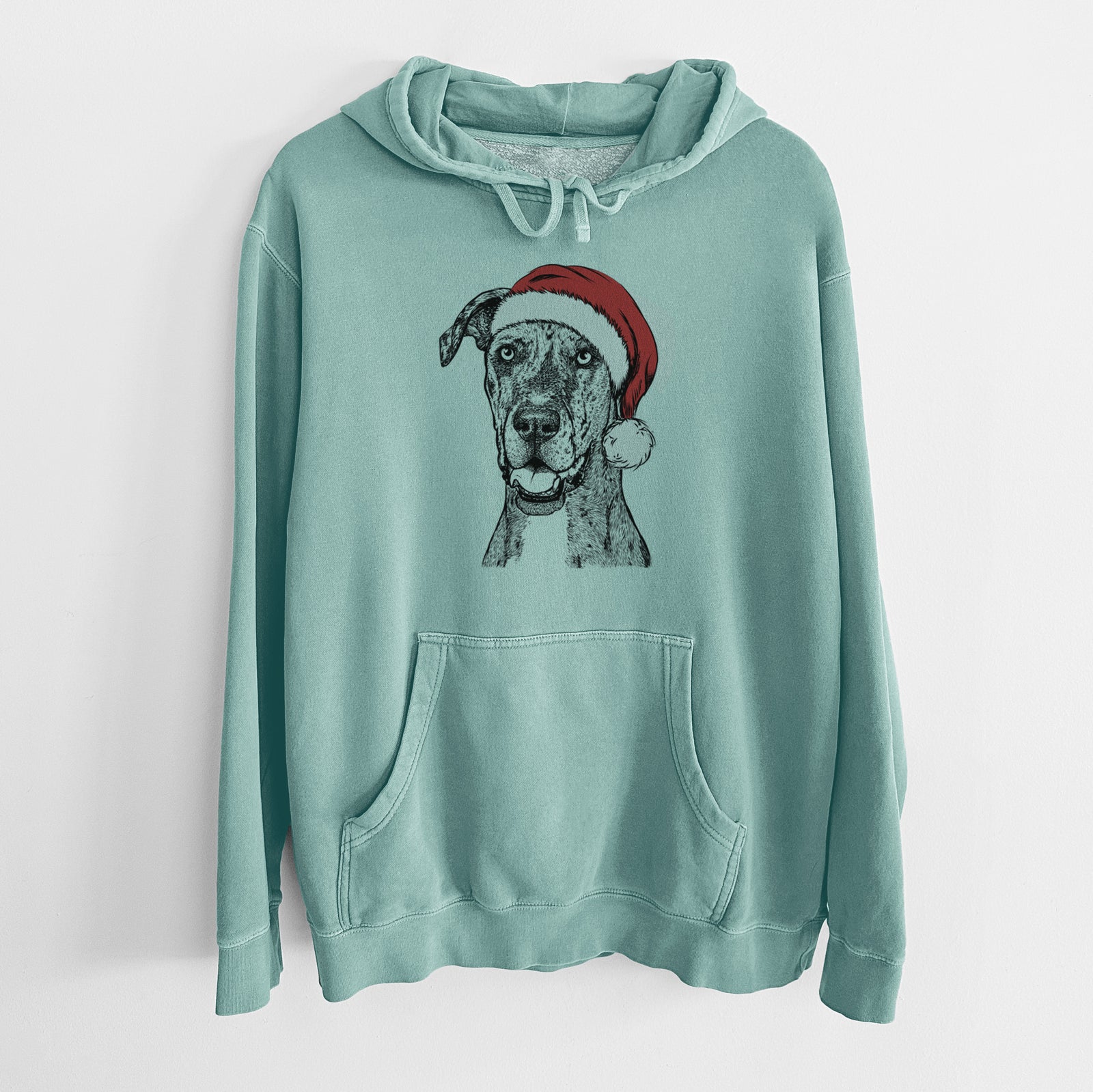 Santa Hat Athena the Merle Great Dane - Unisex Pigment Dyed Hoodie