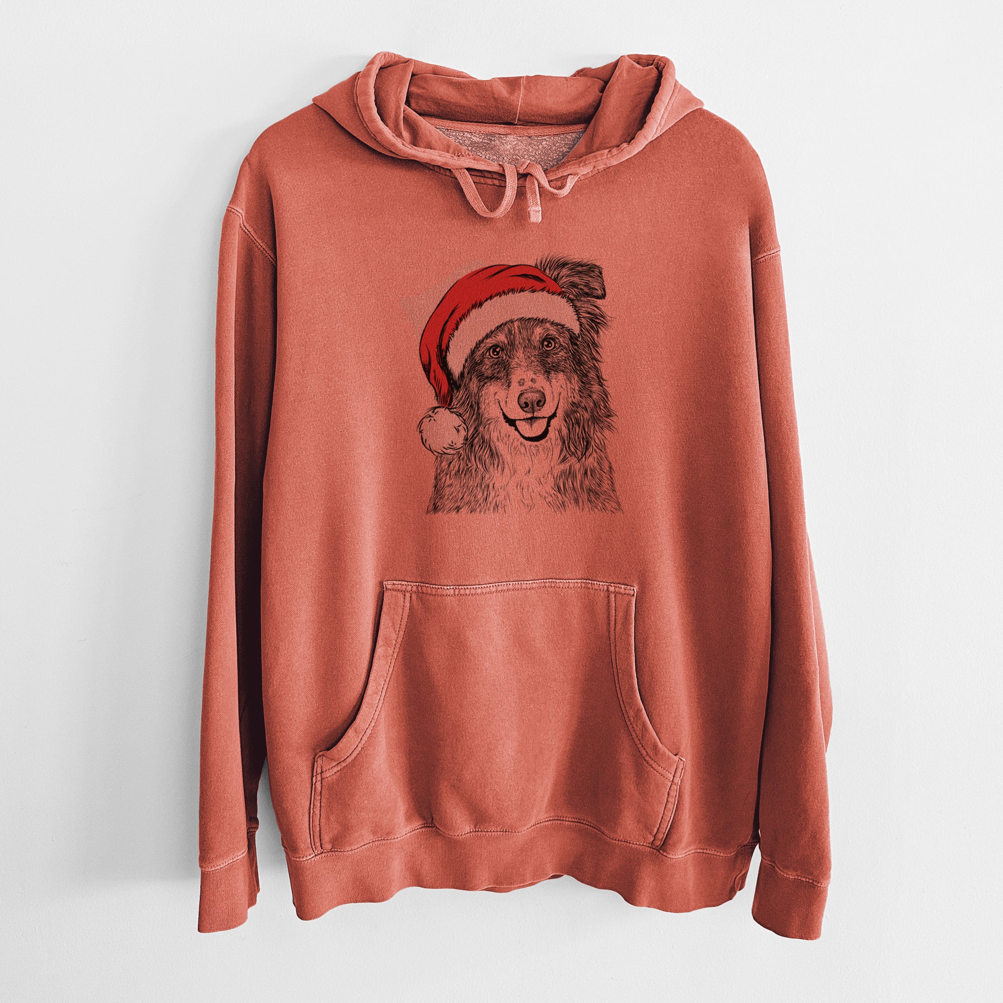 Santa Hat Aushe the Australian Shepherd - Unisex Pigment Dyed Hoodie