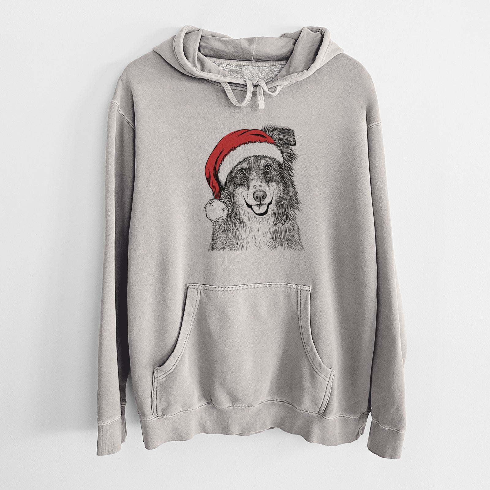 Santa Hat Aushe the Australian Shepherd - Unisex Pigment Dyed Hoodie