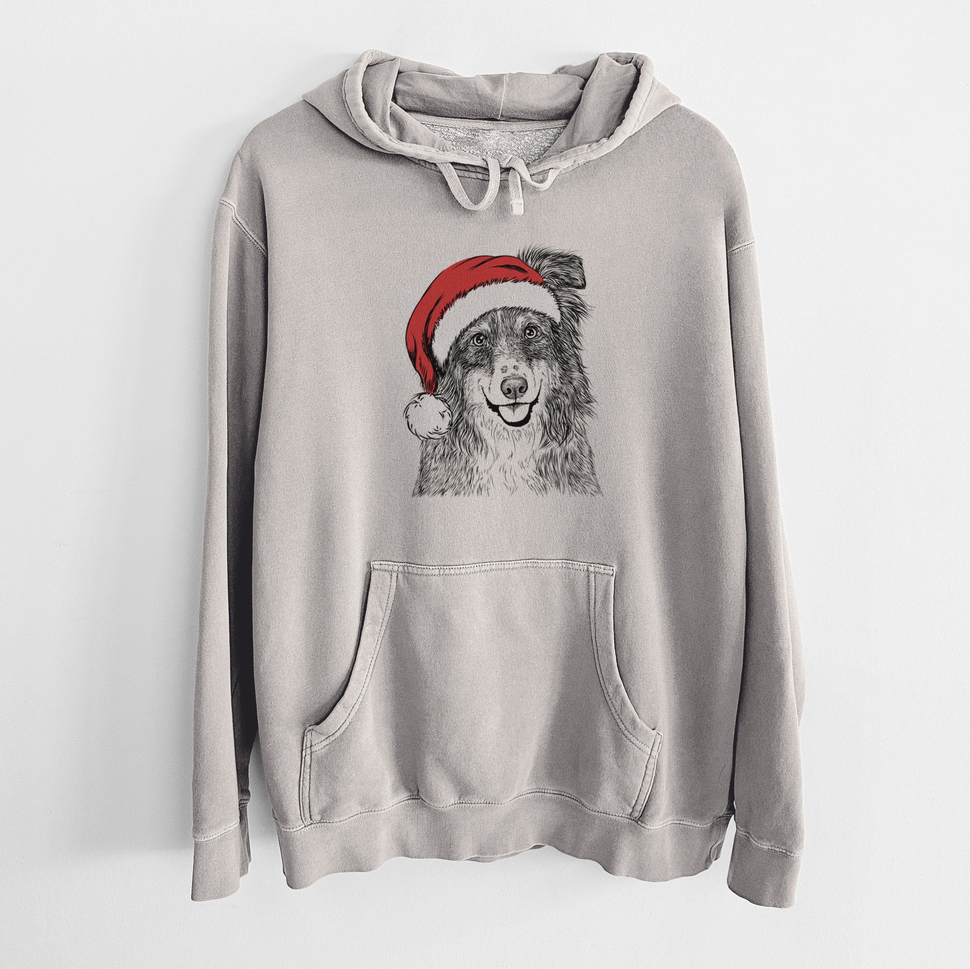 Santa Hat Aushe the Australian Shepherd - Unisex Pigment Dyed Hoodie