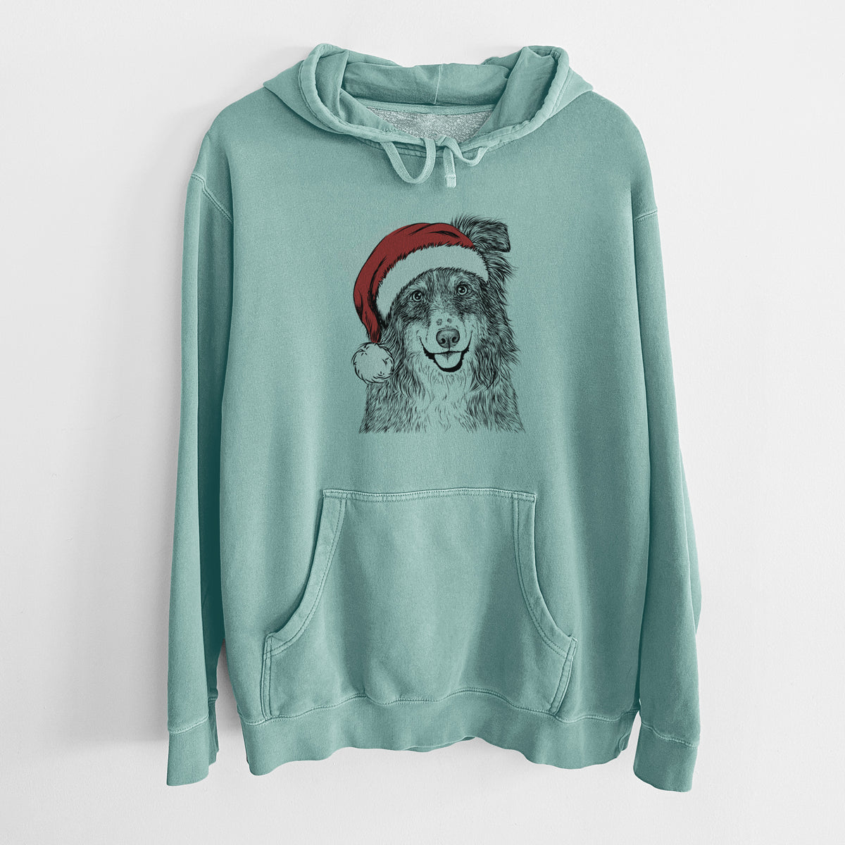 Santa Hat Aushe the Australian Shepherd - Unisex Pigment Dyed Hoodie