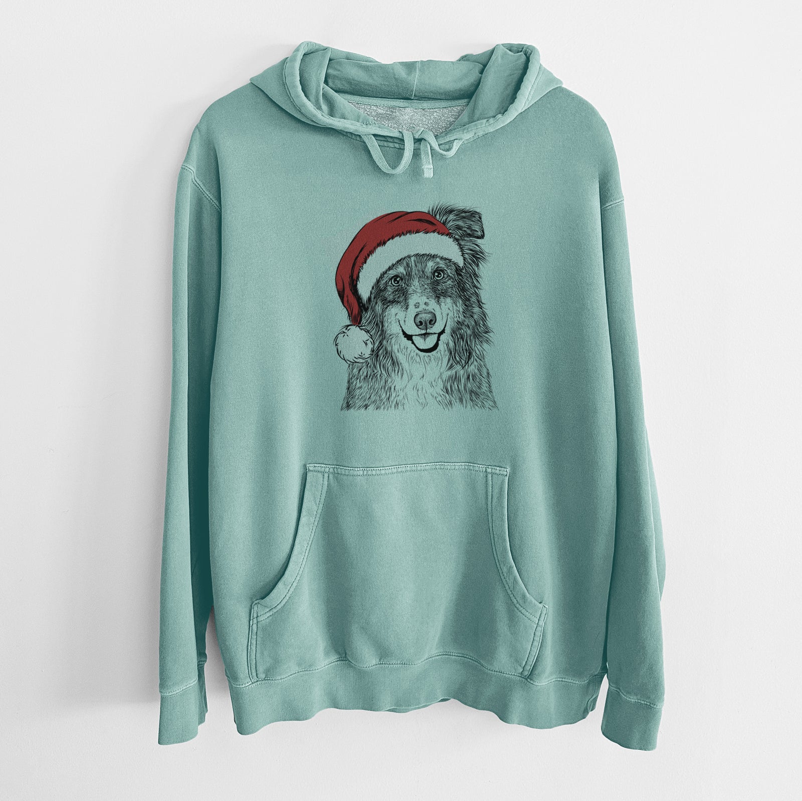 Santa Hat Aushe the Australian Shepherd - Unisex Pigment Dyed Hoodie