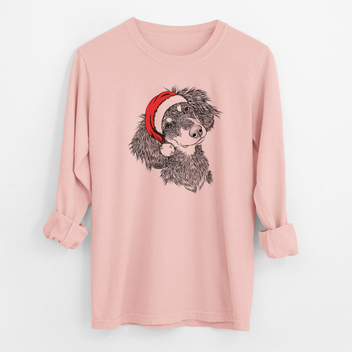 Santa Bailey the Long Haired Dachshund - Men's Heavyweight 100% Cotton Long Sleeve