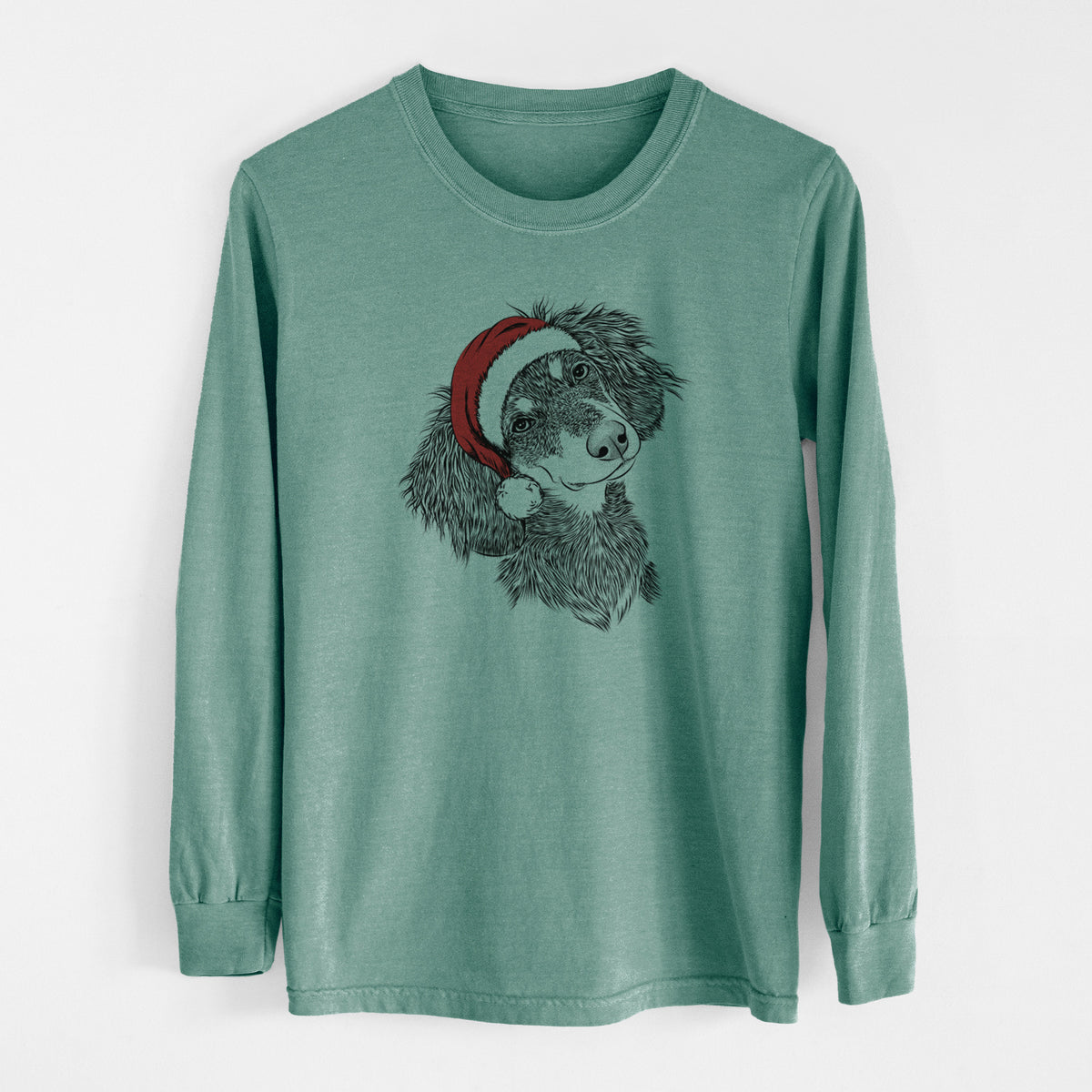 Santa Bailey the Long Haired Dachshund - Men's Heavyweight 100% Cotton Long Sleeve