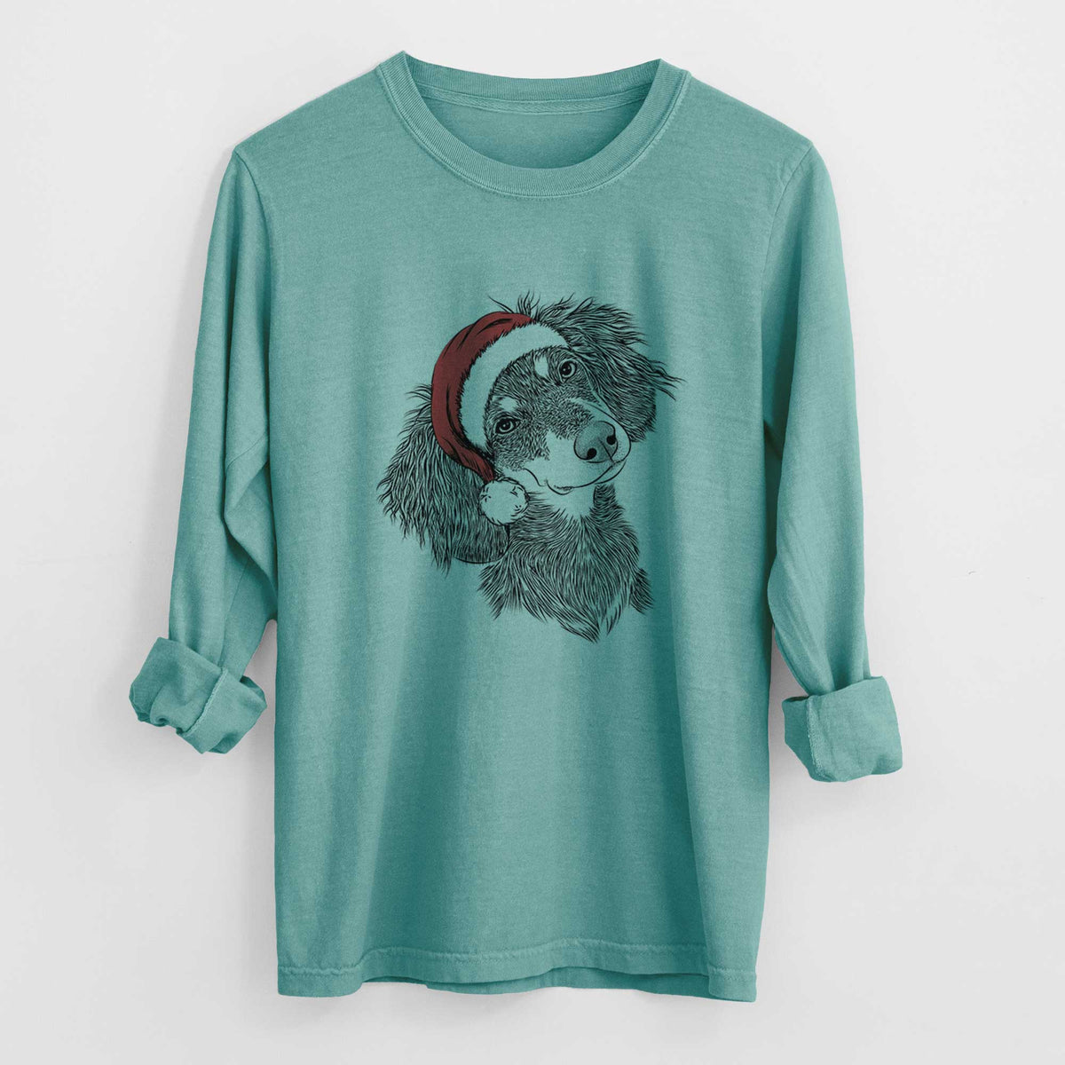 Santa Bailey the Long Haired Dachshund - Men's Heavyweight 100% Cotton Long Sleeve