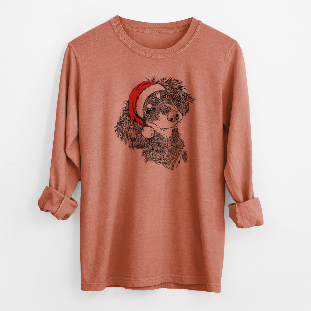 Santa Bailey the Long Haired Dachshund - Men's Heavyweight 100% Cotton Long Sleeve