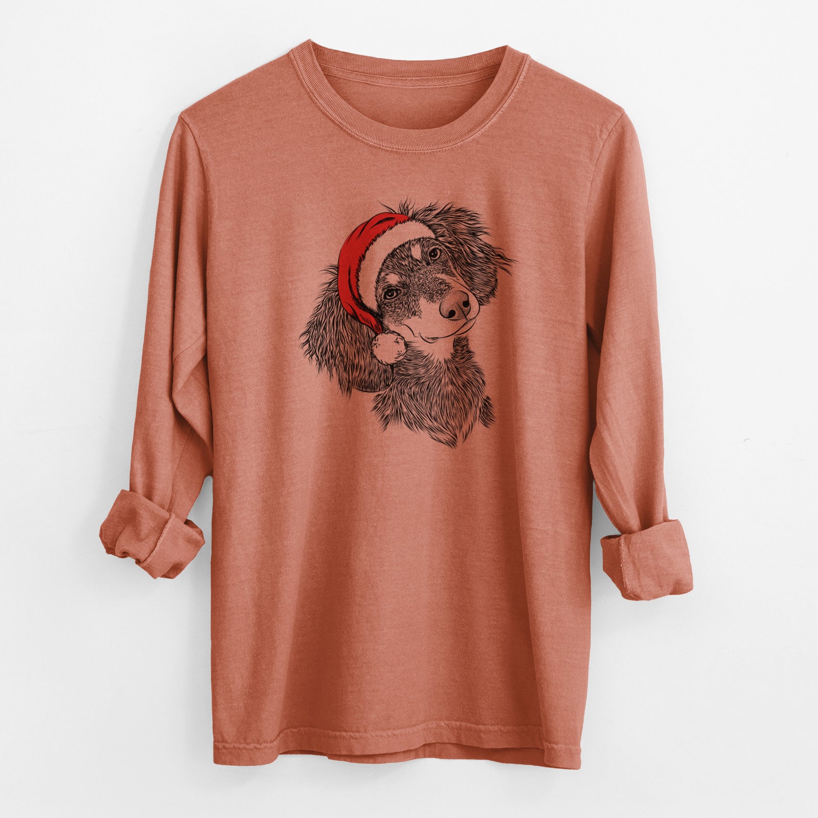 Santa Bailey the Long Haired Dachshund - Men's Heavyweight 100% Cotton Long Sleeve