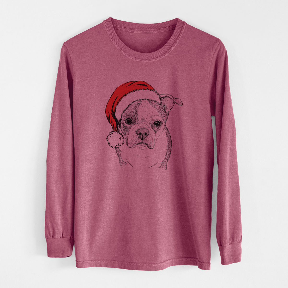 Santa Bandit the Boston Terrier - Men&#39;s Heavyweight 100% Cotton Long Sleeve