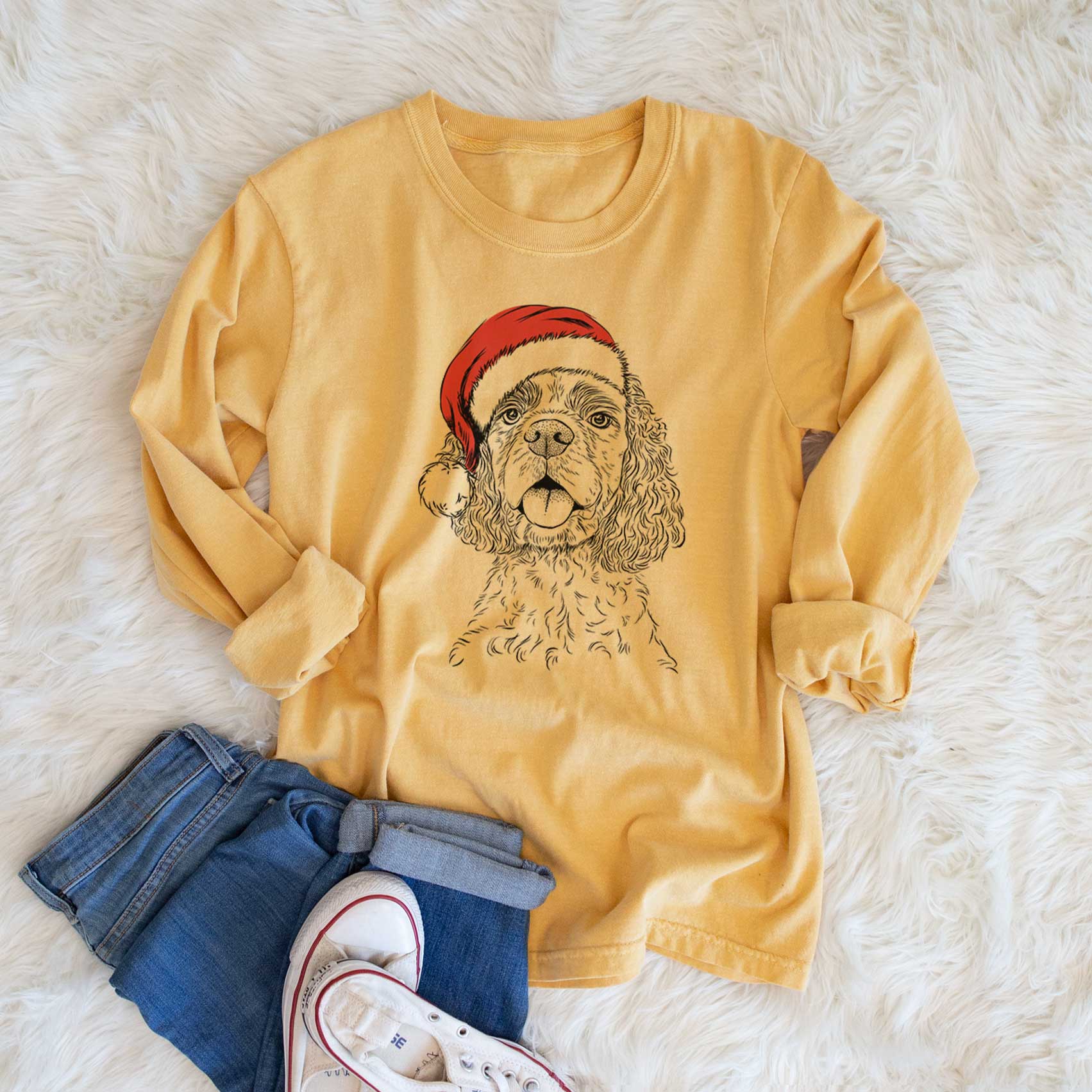 Santa Baxter the American Cocker Spaniel - Men's Heavyweight 100% Cotton Long Sleeve