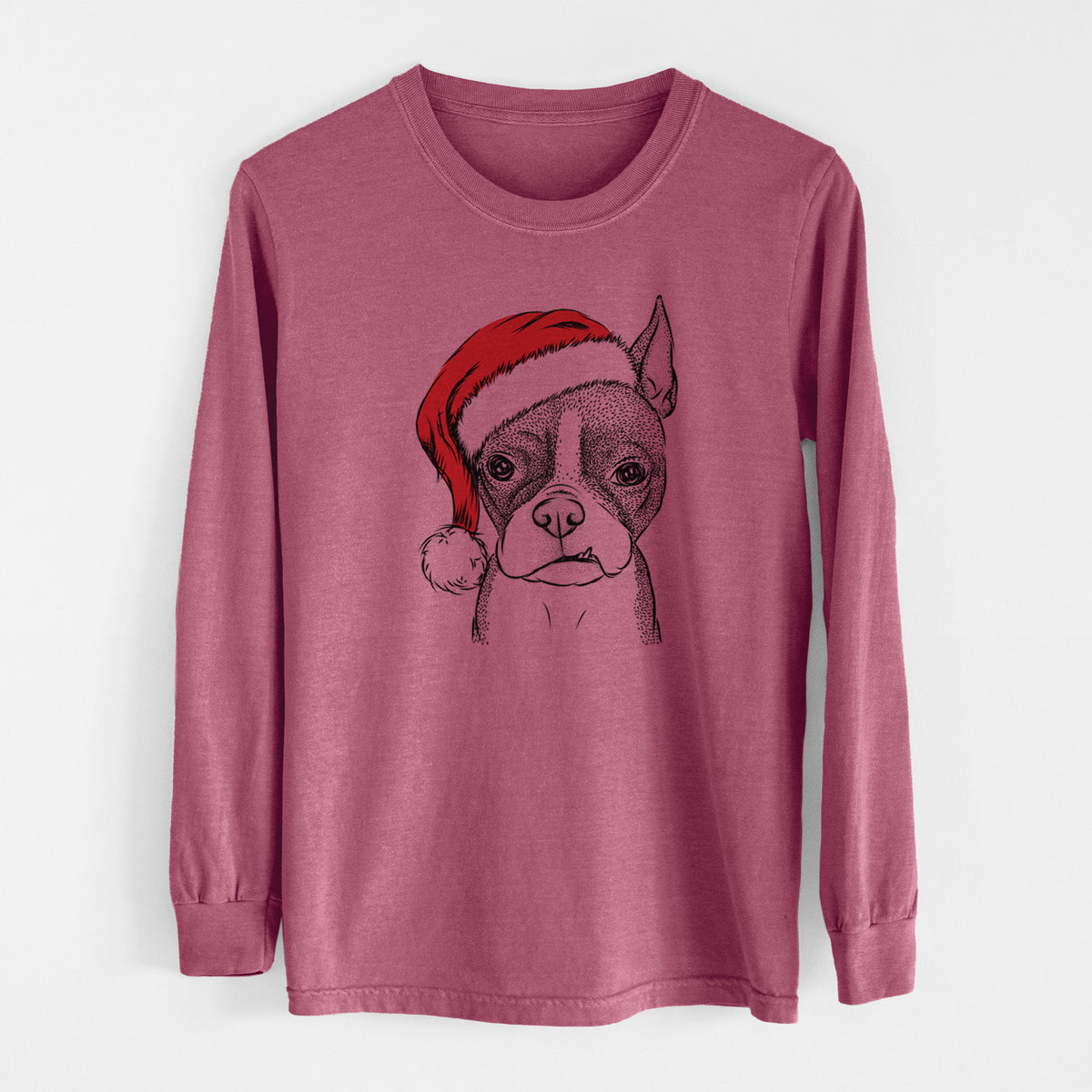 Santa Bean the Boston Terrier - Men&#39;s Heavyweight 100% Cotton Long Sleeve