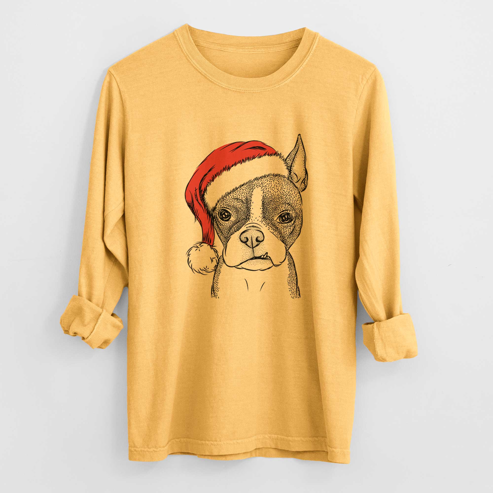 Santa Bean the Boston Terrier - Men's Heavyweight 100% Cotton Long Sleeve