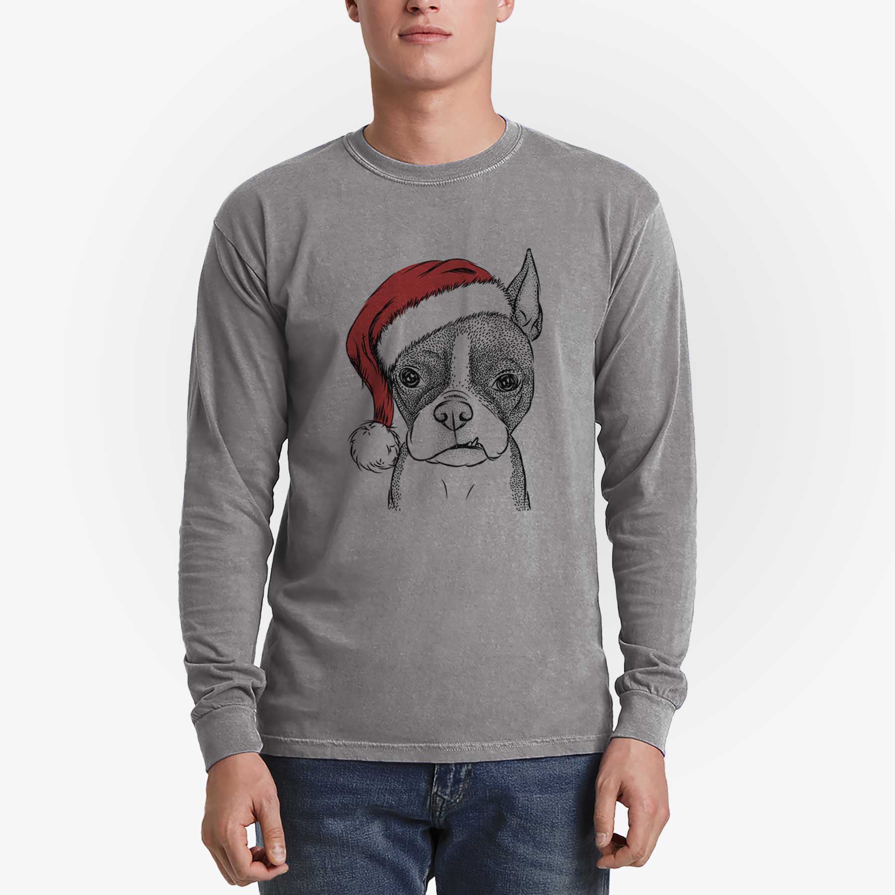 Santa Bean the Boston Terrier - Men's Heavyweight 100% Cotton Long Sleeve