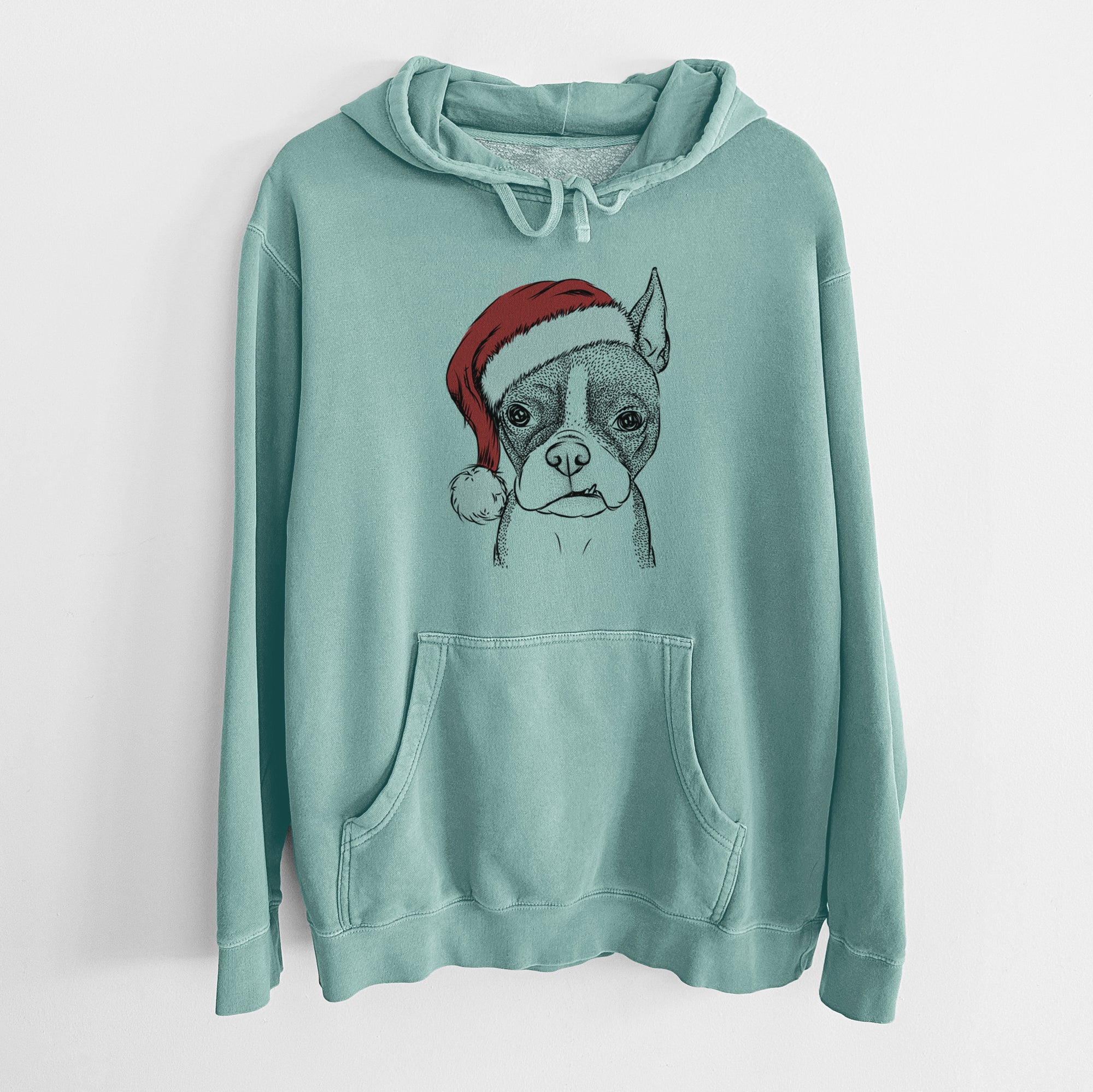 Santa Hat Bean the Boston Terrier - Unisex Pigment Dyed Hoodie