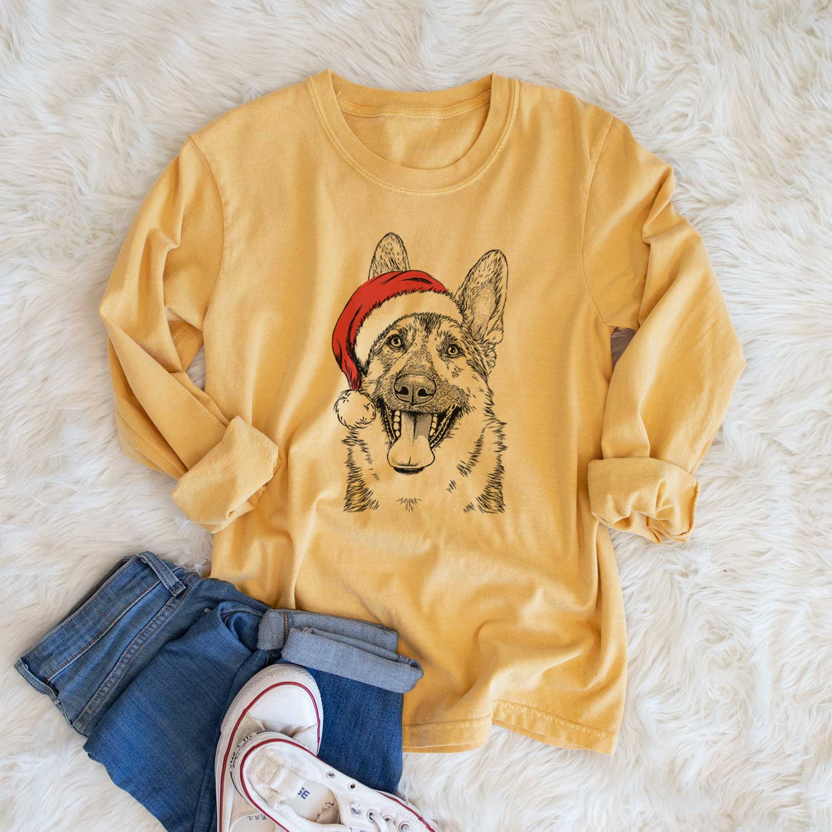 Santa Benson the German Shepherd - Men's Heavyweight 100% Cotton Long Sleeve