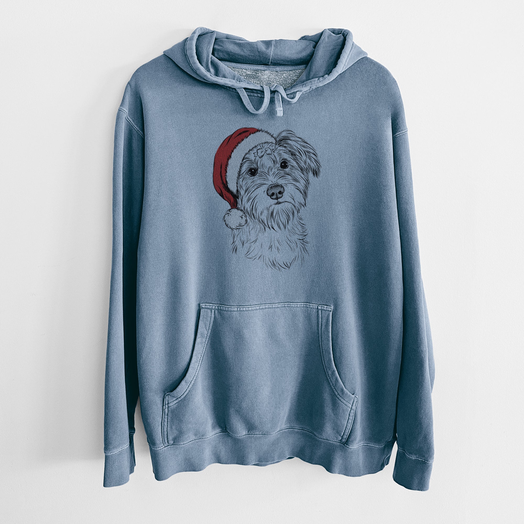 Santa Hat Birdee the Schnauzer Mix - Unisex Pigment Dyed Hoodie