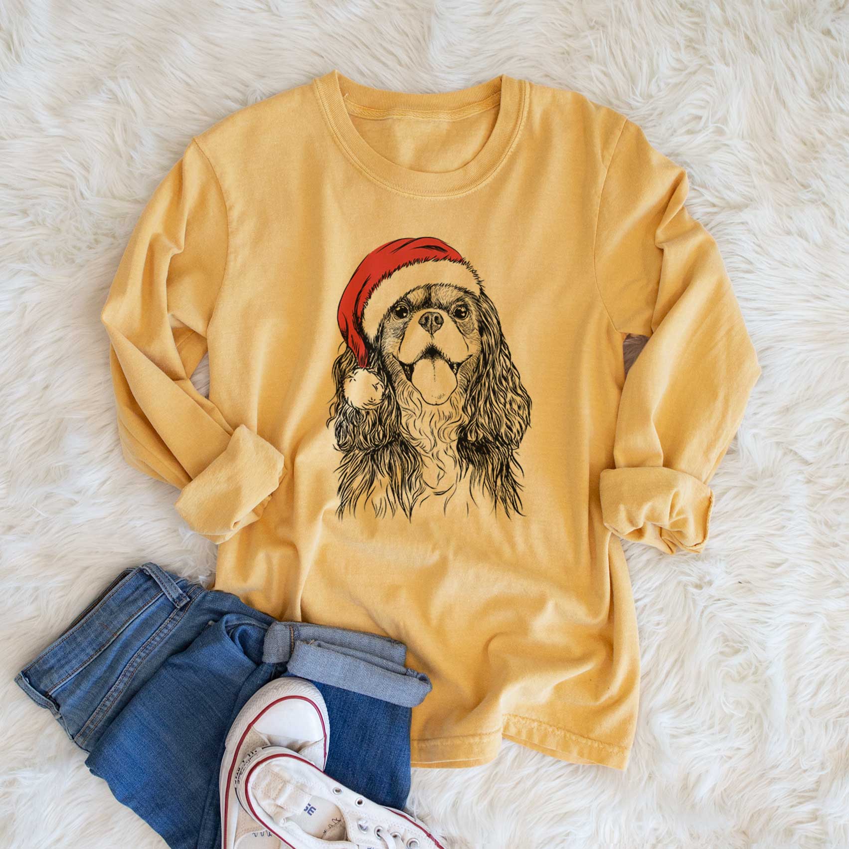 Santa Brandy the Cavalier King Charles Spaniel - Men's Heavyweight 100% Cotton Long Sleeve