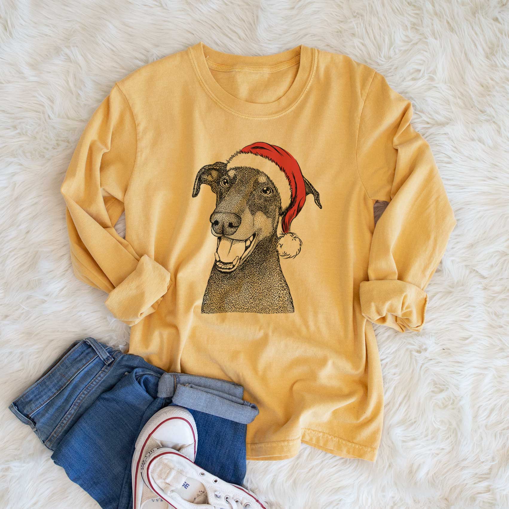 Santa Bunnie the Doberman Pinscher - Men's Heavyweight 100% Cotton Long Sleeve