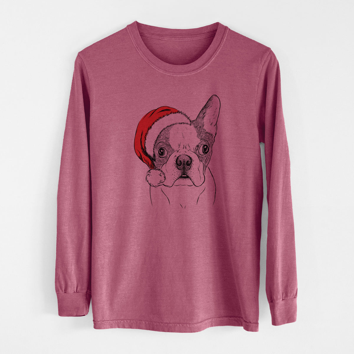 Santa Chocolate Chip the Boston Terrier - Men's Heavyweight 100% Cotton Long Sleeve
