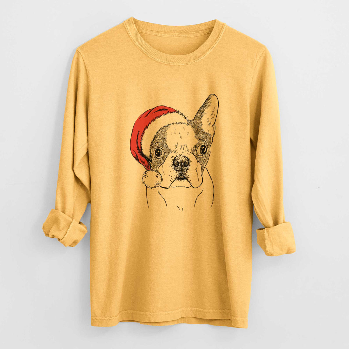 Santa Chocolate Chip the Boston Terrier - Men's Heavyweight 100% Cotton Long Sleeve