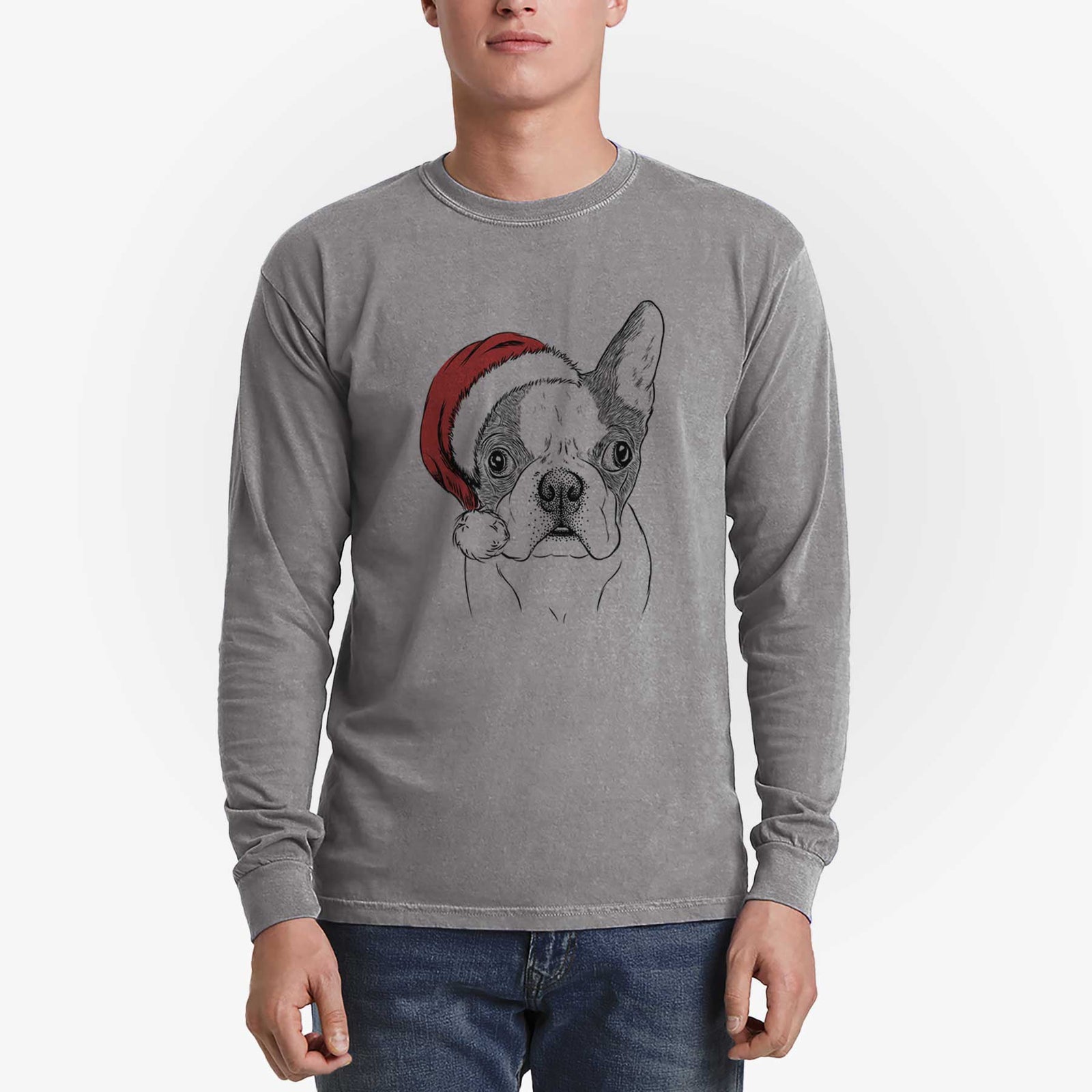 Santa Chocolate Chip the Boston Terrier - Men's Heavyweight 100% Cotton Long Sleeve