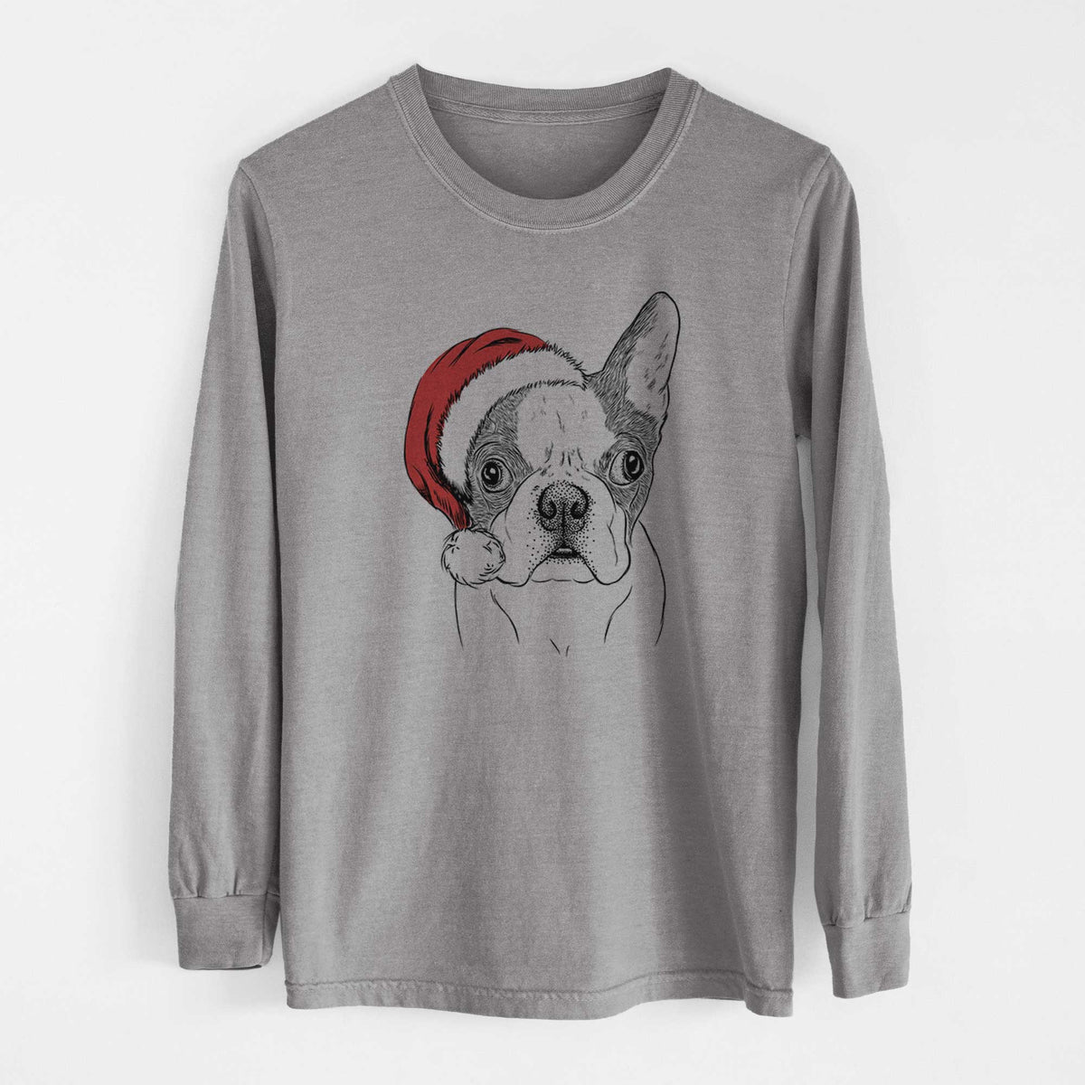 Santa Chocolate Chip the Boston Terrier - Men's Heavyweight 100% Cotton Long Sleeve