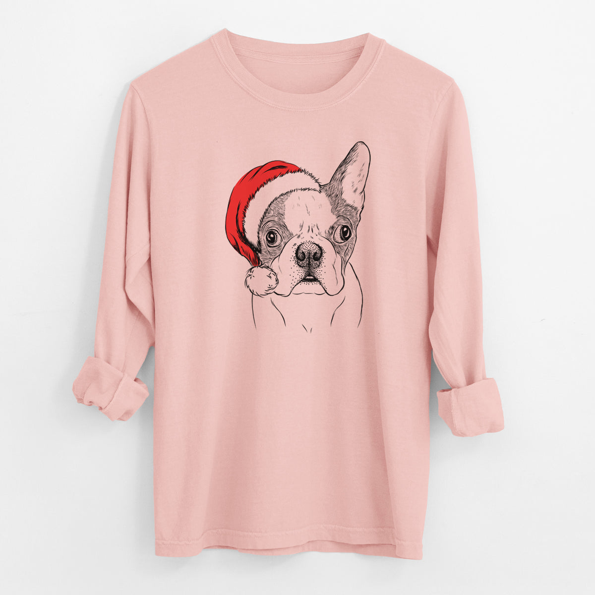 Santa Chocolate Chip the Boston Terrier - Men's Heavyweight 100% Cotton Long Sleeve