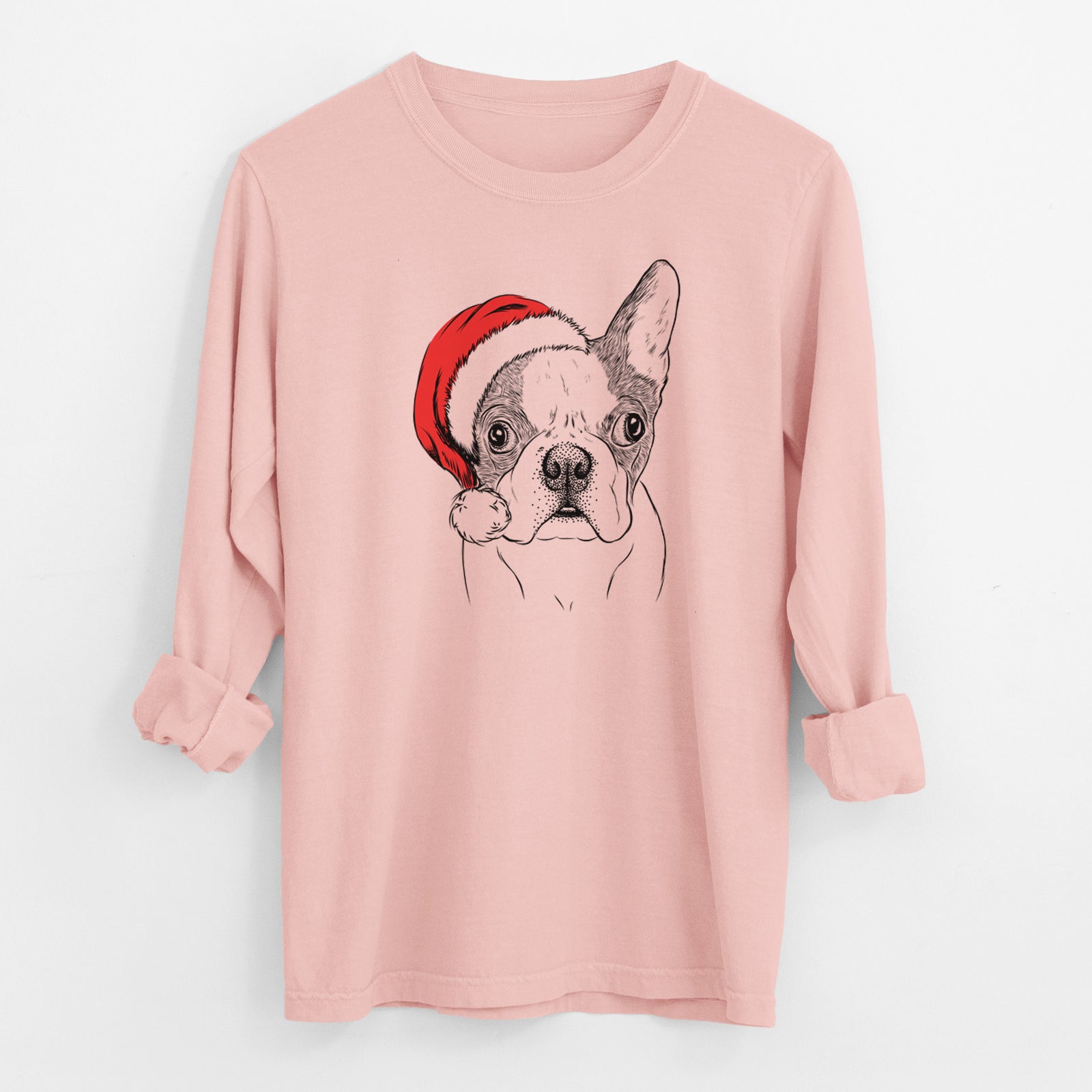 Santa Chocolate Chip the Boston Terrier - Men's Heavyweight 100% Cotton Long Sleeve